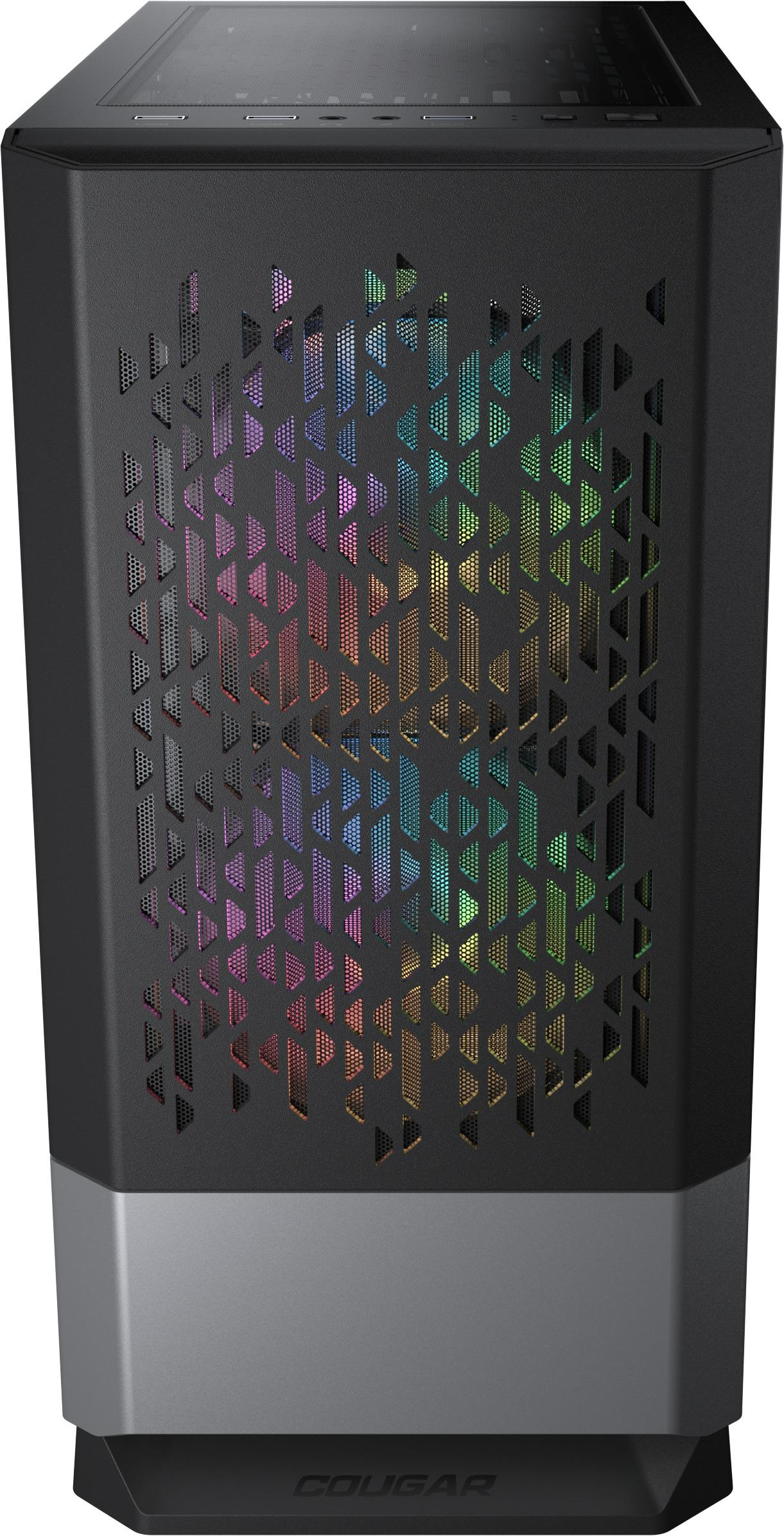 Ein schwarzes Computergehäuse mit einer Mesh-Frontplatte. Das Mesh zeigt ein farbenfrohes Muster.