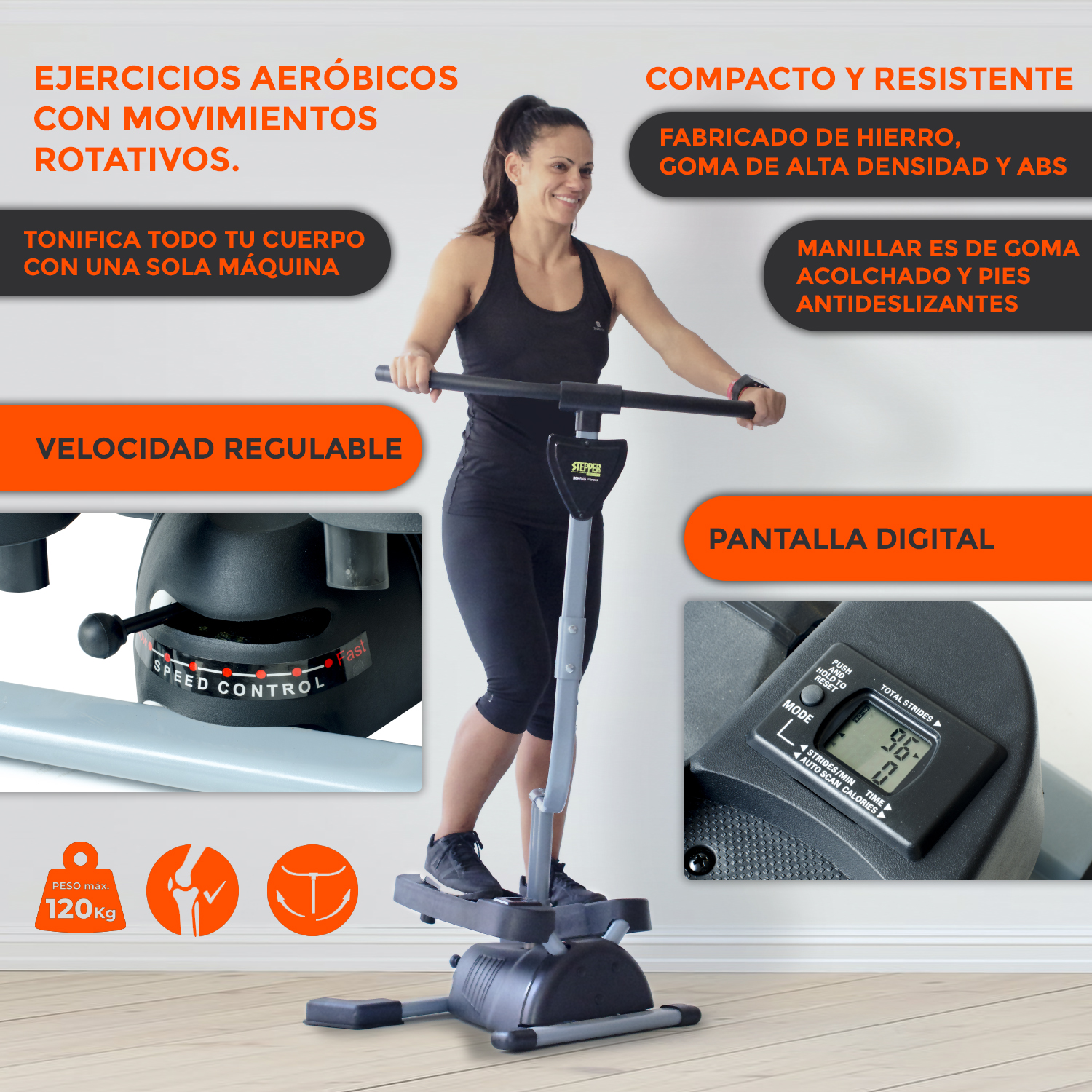 Una mujer usando una máquina de fitness, con texto que describe sus características.