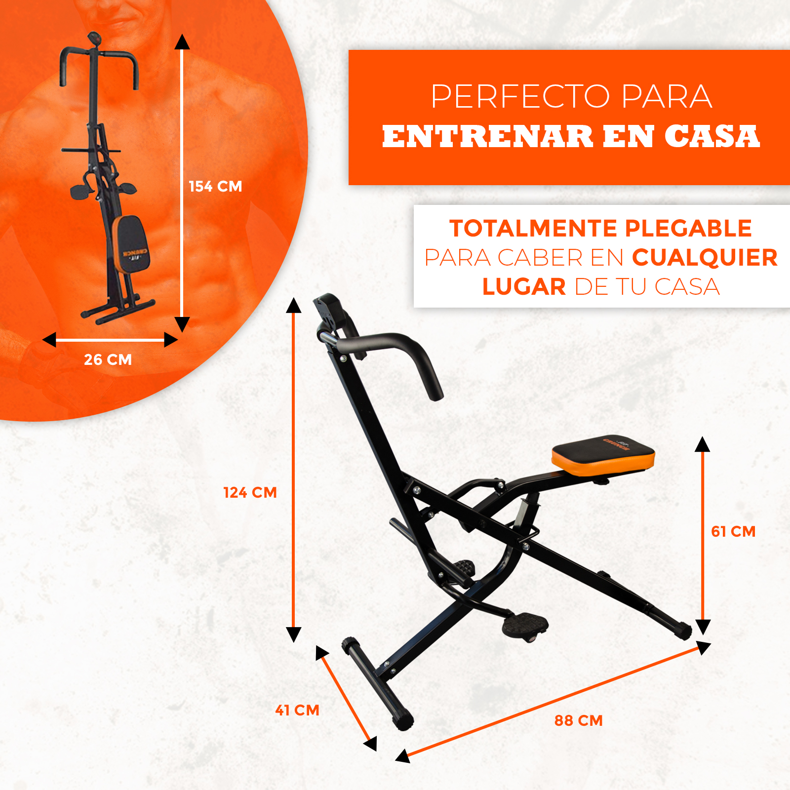 Máquina de ejercicios negra con detalles naranjas. Dimensiones y texto sobre fondo blanco.