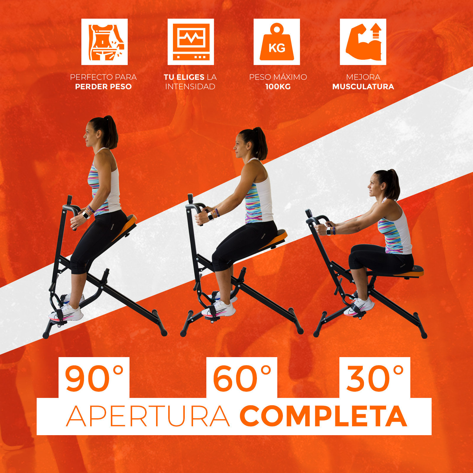 Mujer usando máquina de ejercicios. Diferentes ángulos. Iconos y texto fitness.