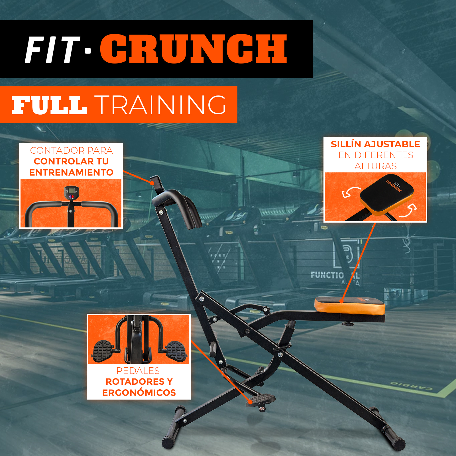 Máquina de ejercicios con etiquetas. Máquina Fit Crunch con etiquetas para contador, asiento y pedales.