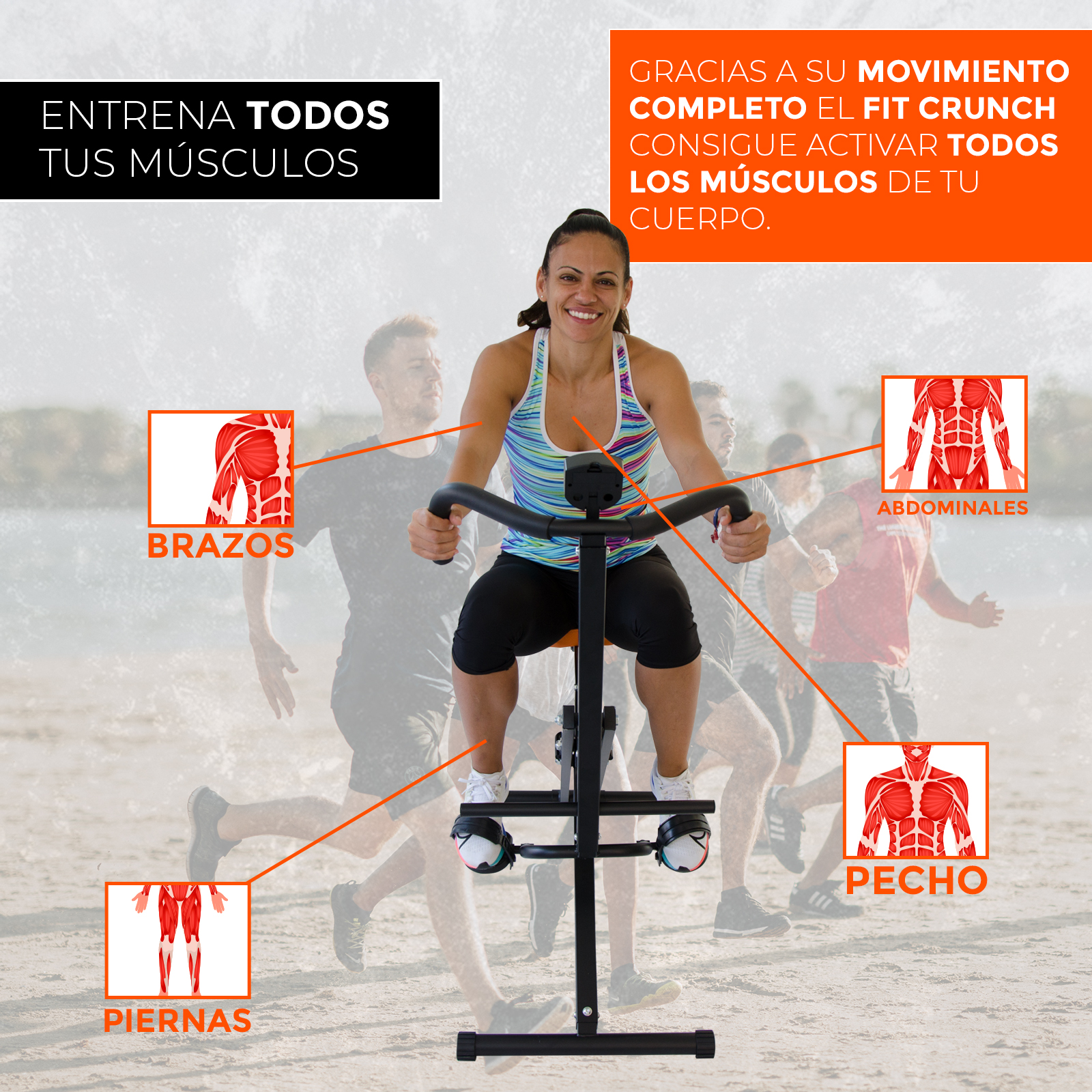 Una mujer usa una máquina de fitness con diagramas que muestran grupos musculares.