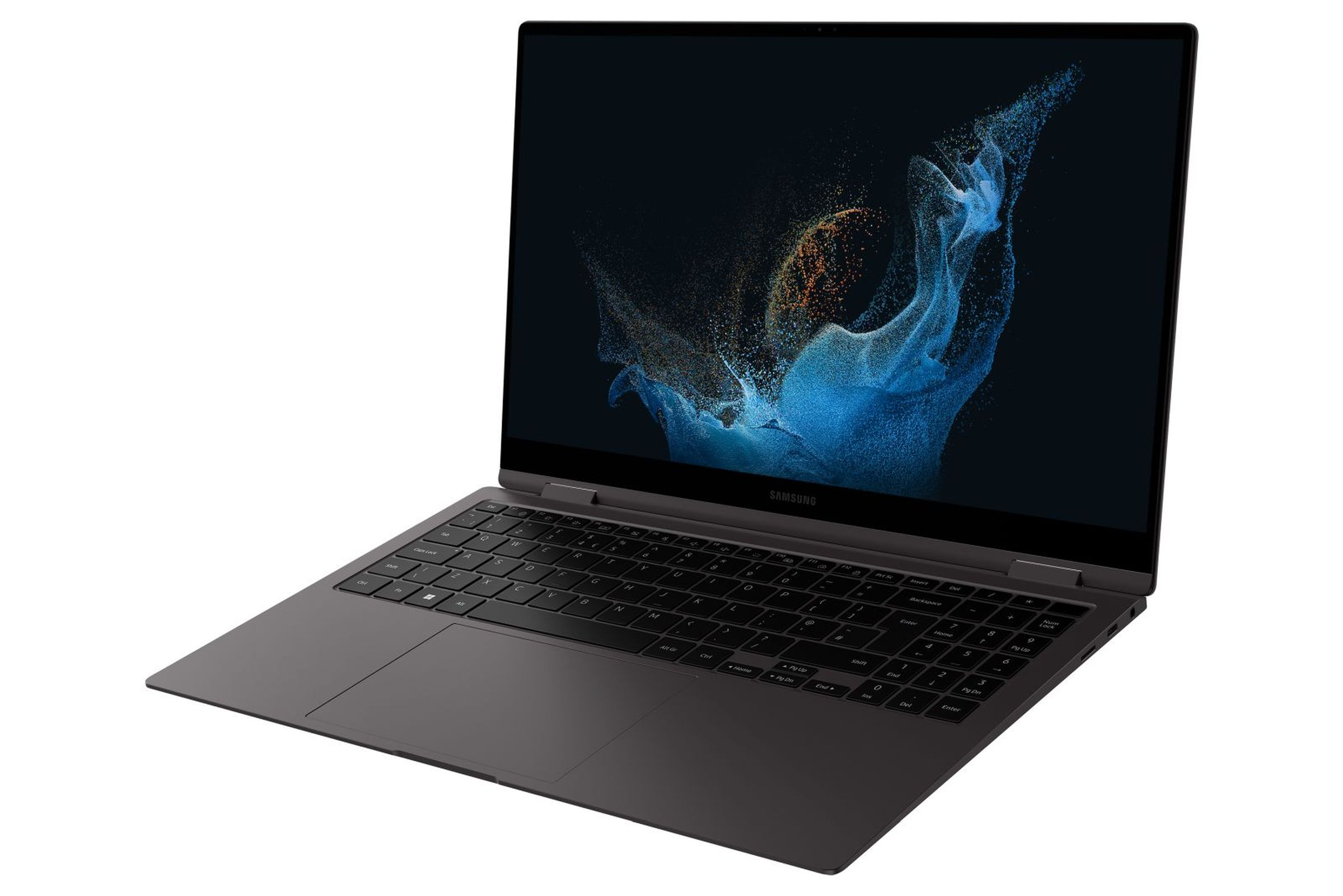 Dunkelgrauer Laptop mit geöffnetem Bildschirm. Schwarze Tastatur. Weißer Hintergrund.