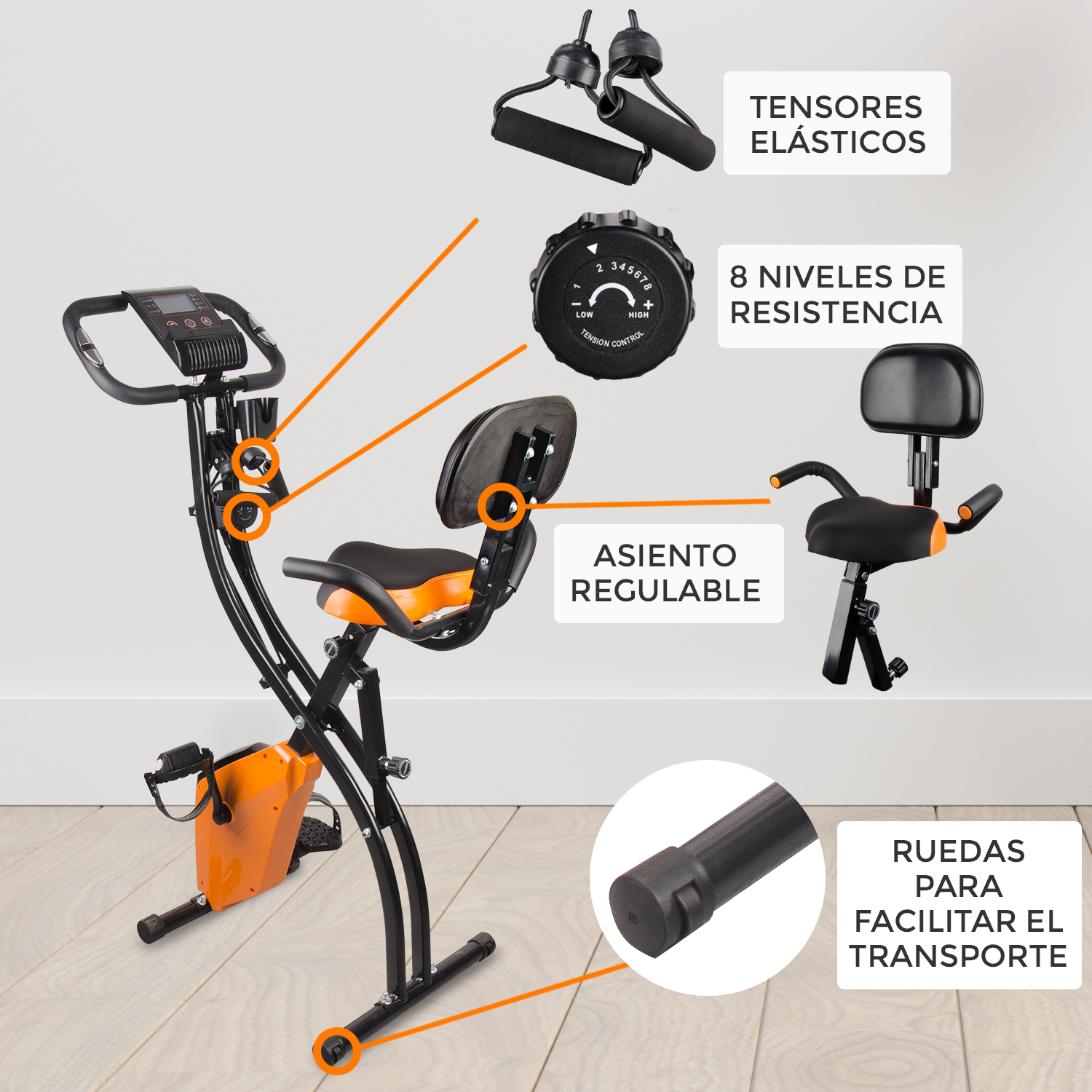 Bicicleta estática naranja y negra. Etiquetas indican asiento ajustable, resistencia y ruedas de transporte.