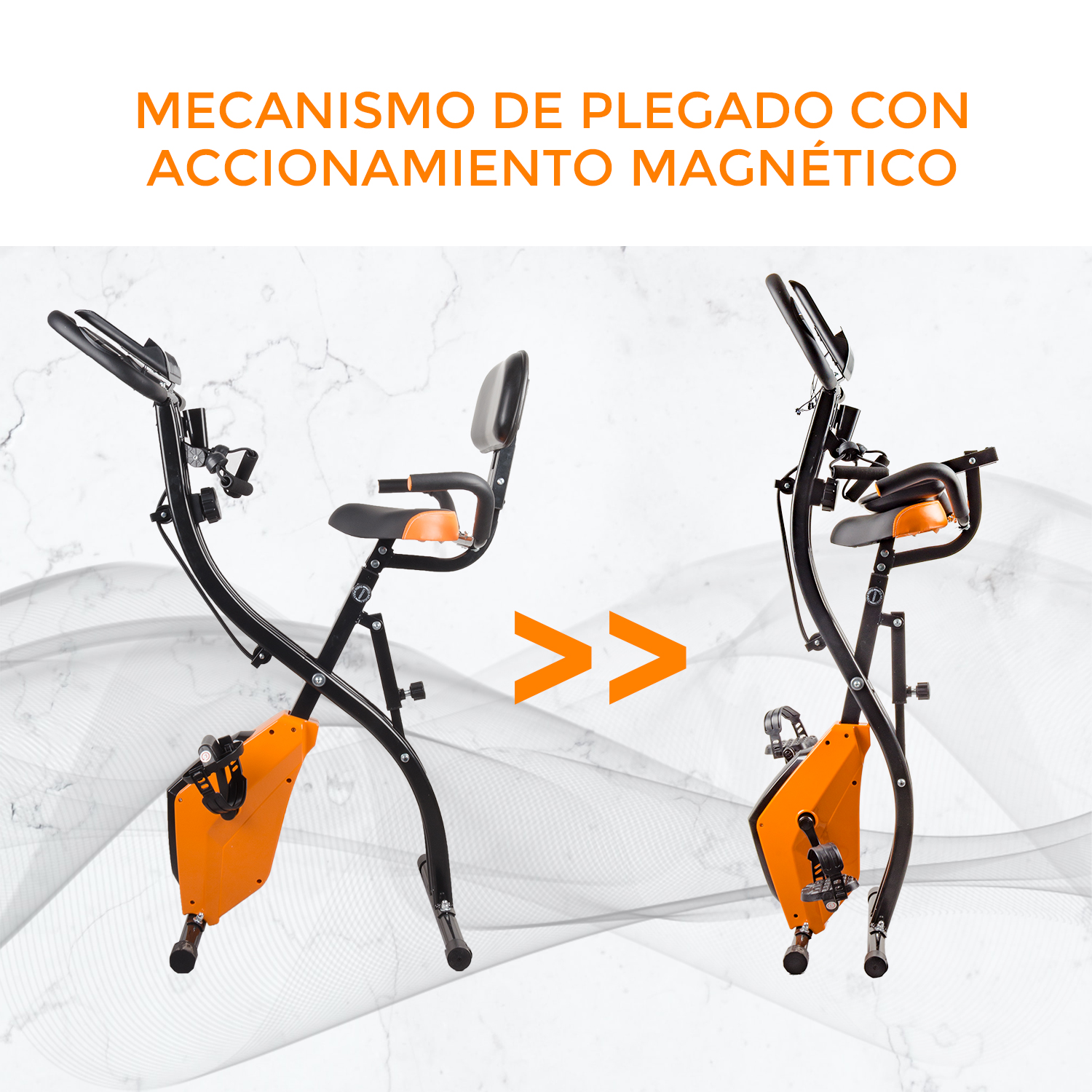 Bicicleta estática plegada y desplegada, detalles naranjas, marco negro. Texto: 'mecanismo plegado magnético'.