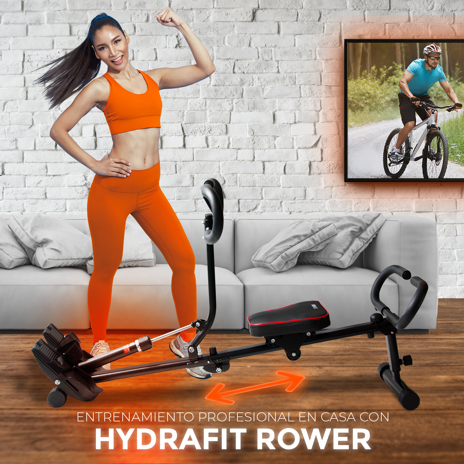 Mujer con ropa deportiva naranja usando máquina de remo. Imagen de ciclista en la pared.