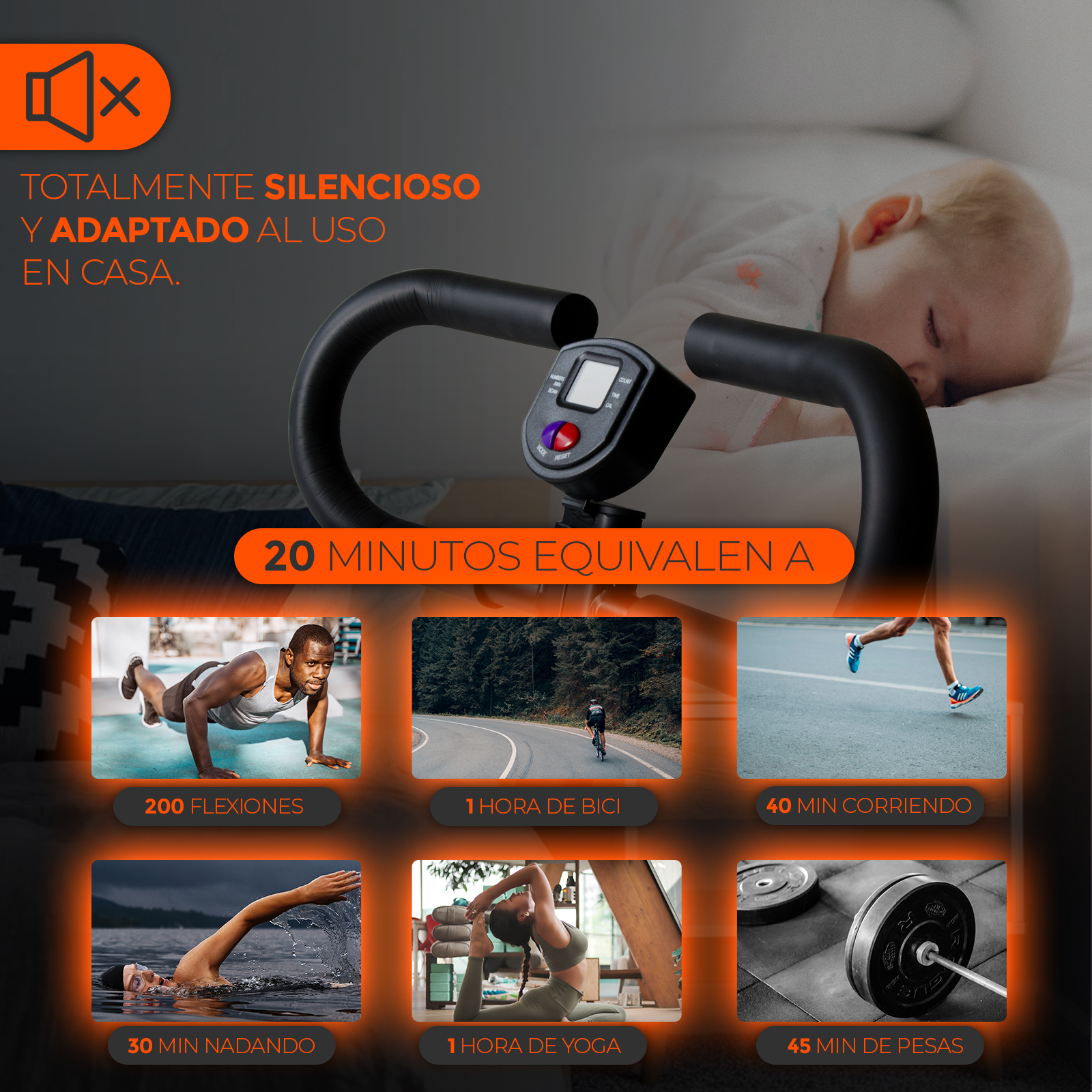 Una bicicleta estática con pantalla, más imágenes de diferentes ejercicios y el equivalente de tiempo.