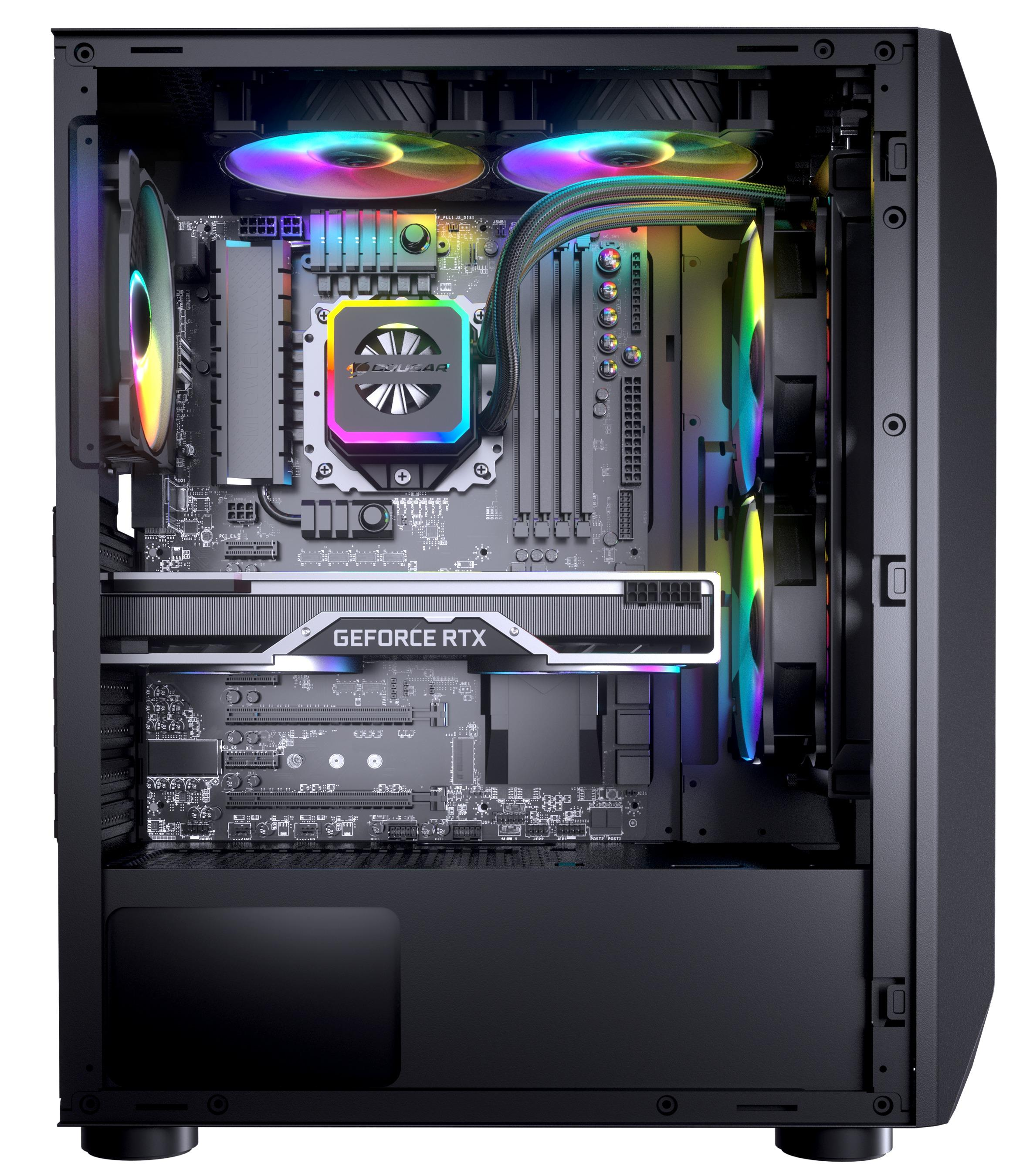 Wnętrze obudowy komputera z komponentami takimi jak GPU, chłodzenie CPU i wentylatory z podświetleniem RGB. Czarna obudowa.