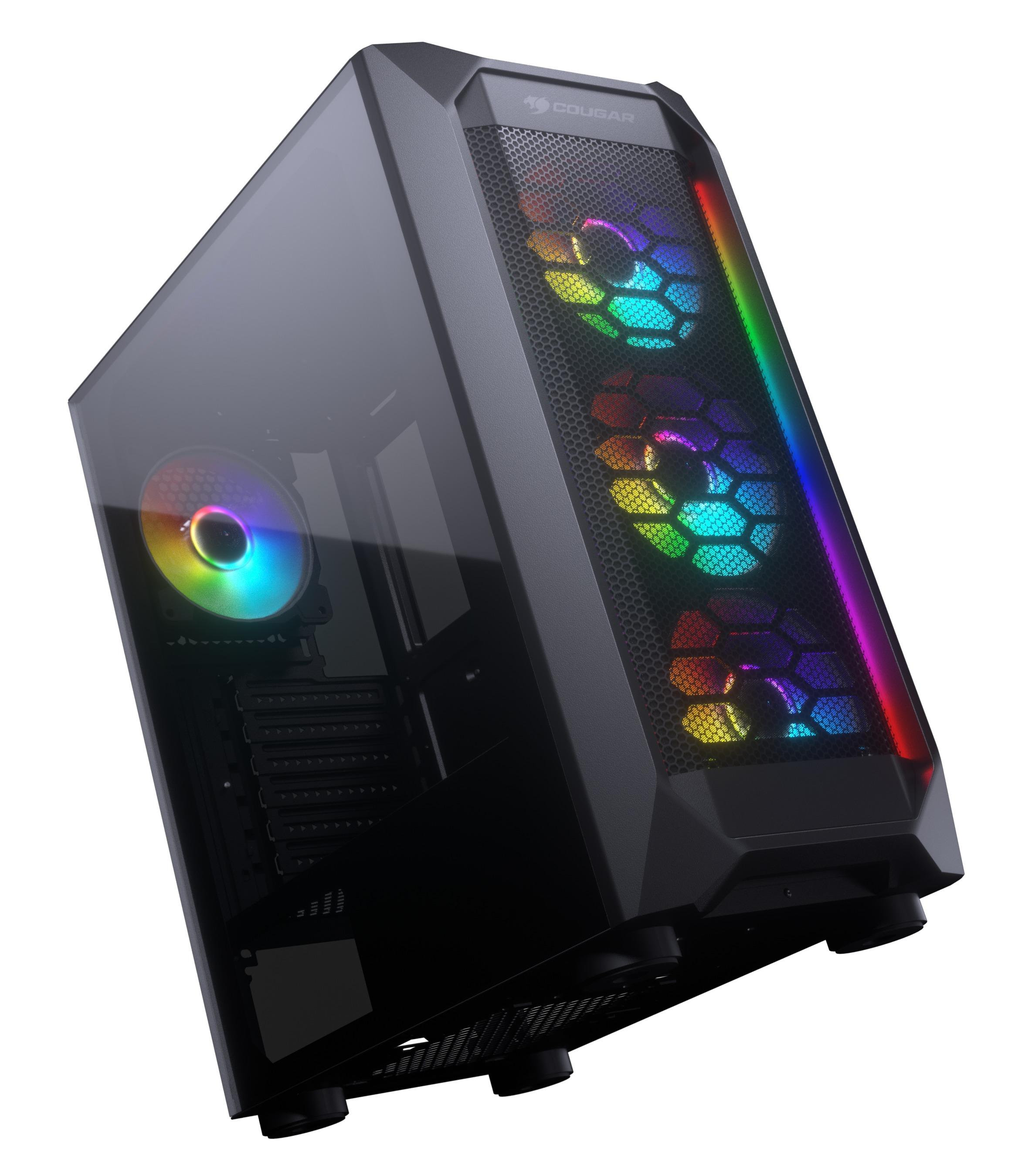 Czarna obudowa komputera z szklanym panelem bocznym. Przód ma podświetlane wentylatory ze zmieniającymi się kolorami.
