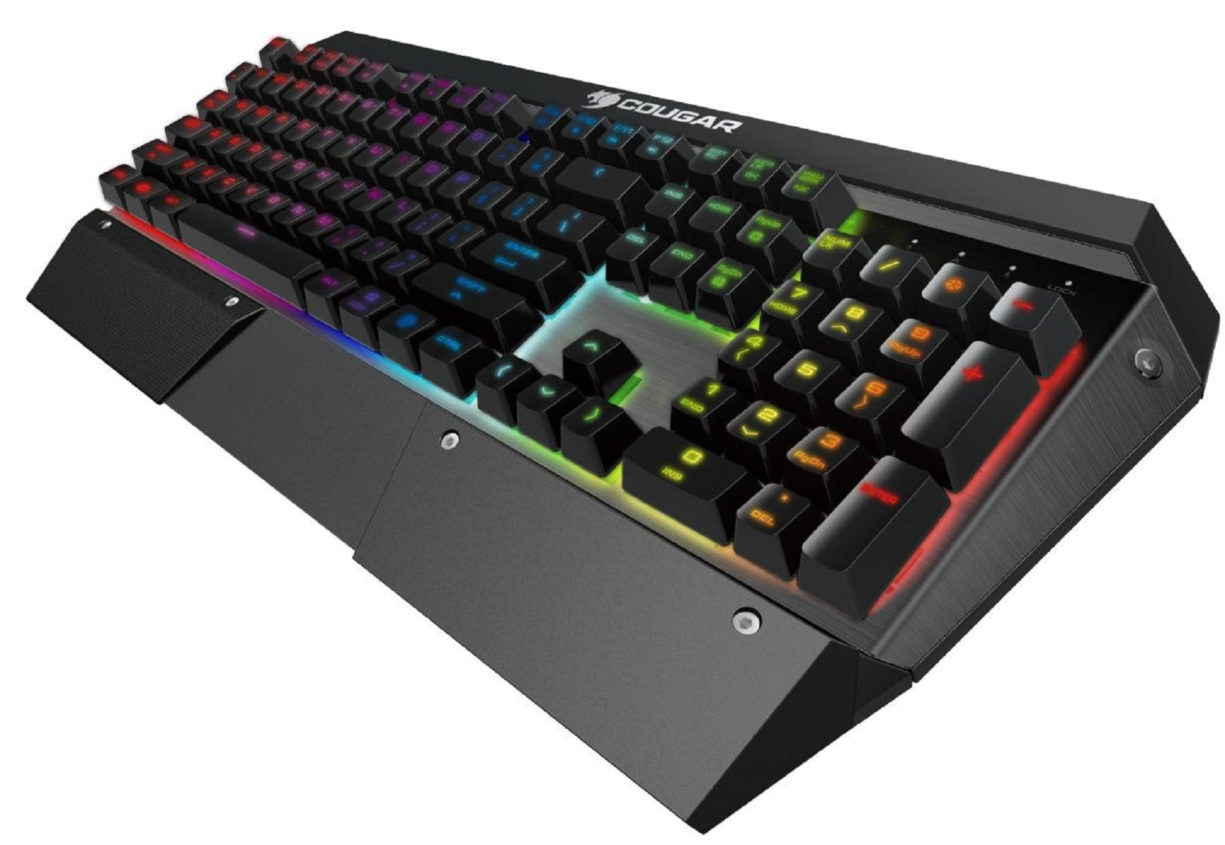 Eine schwarze Cougar-Tastatur mit beleuchteten Tasten. Die Tasten sind mehrfarbig. Die Tastatur hat einen Metallrahmen.