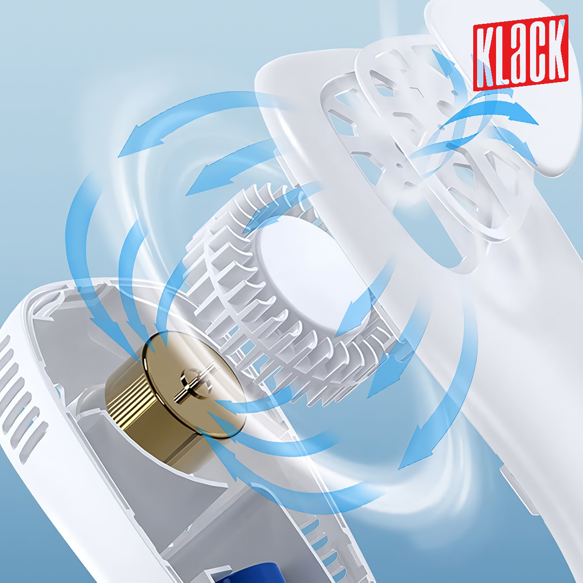 Un ventilador blanco y transparente con flechas de flujo de aire azules. El ventilador tiene un motor dorado.