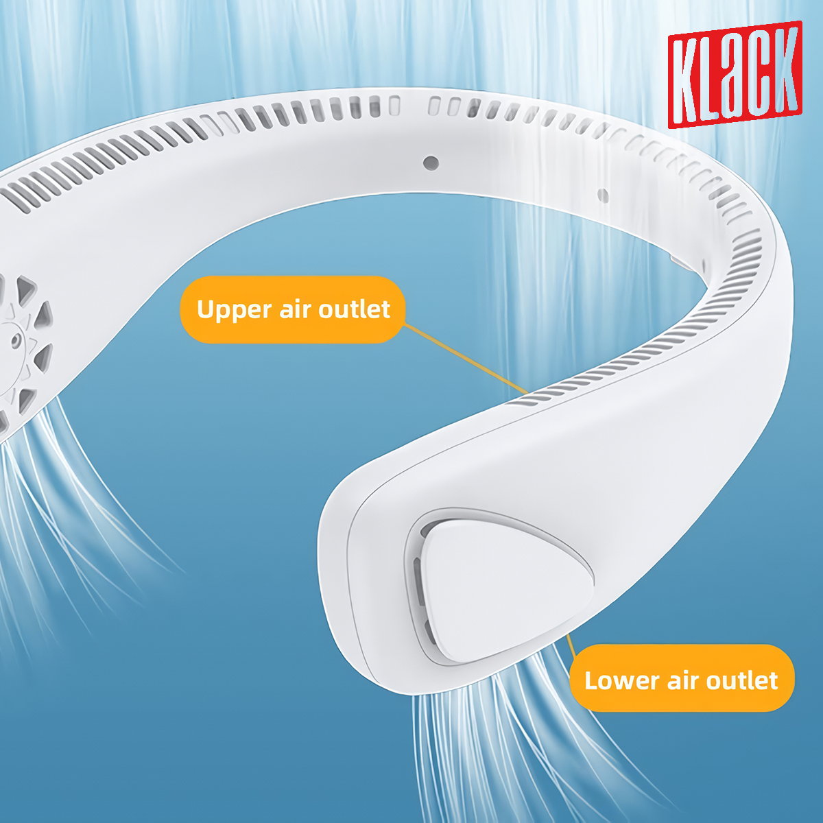 Ventilador de cuello blanco con salidas de aire superior e inferior, etiquetado. Fondo azul con flujos de aire.