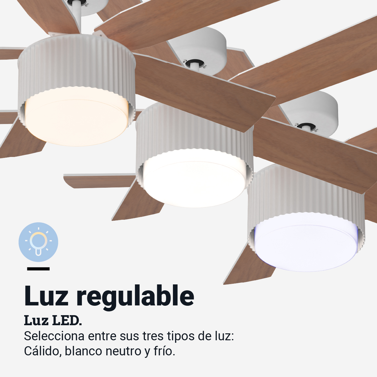 Ventiladores de techo con luces. Texto dice 'Luz regulable'. Tres tipos: cálido, neutro, frío.