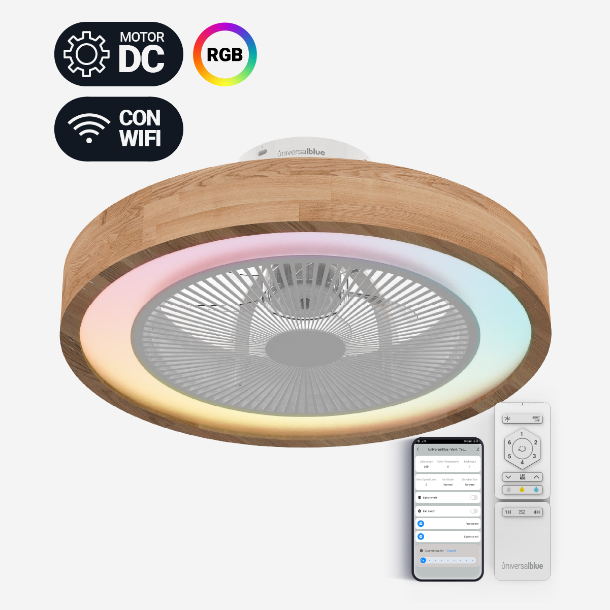 Un ventilador de techo de madera con iluminación RGB, control remoto y teléfono inteligente mostrando controles.