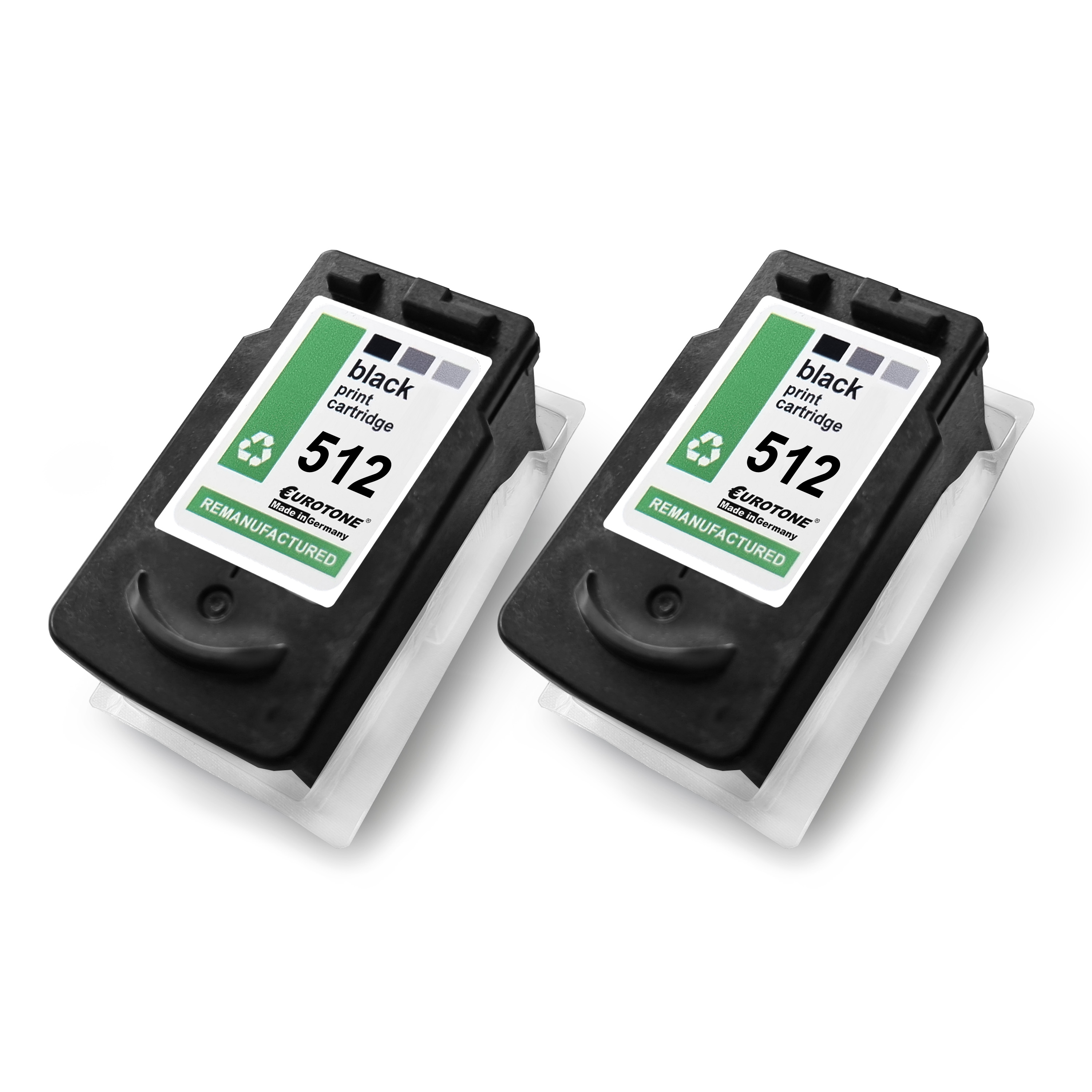 Zwei schwarze Tintenpatronen mit weißen Etiketten. Die Etiketten lauten 'black print cartridge' und '512'.