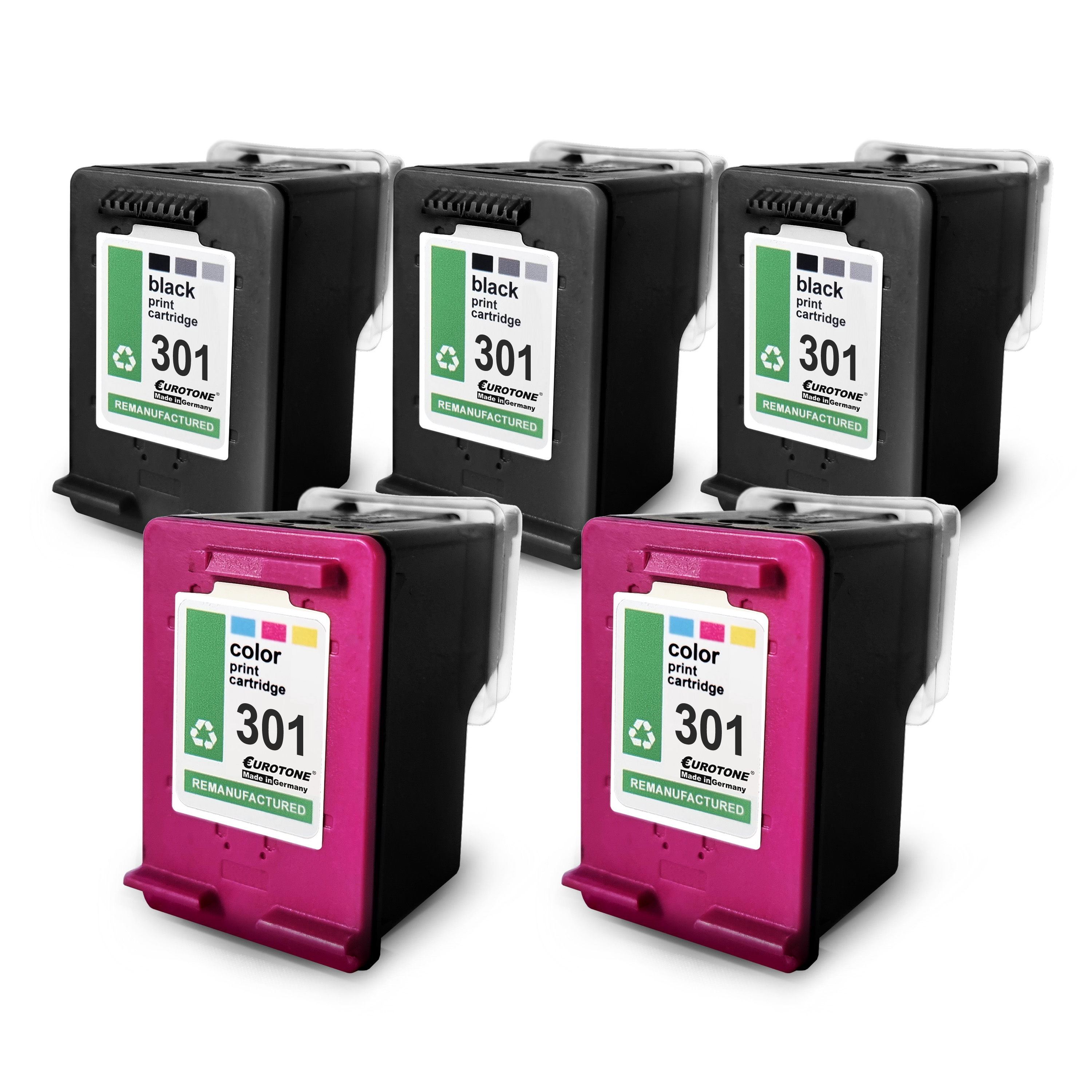 Fünf schwarze und magenta Tintenpatronen mit Produktetiketten. Sie sind als 301 und Remanufactured gekennzeichnet.