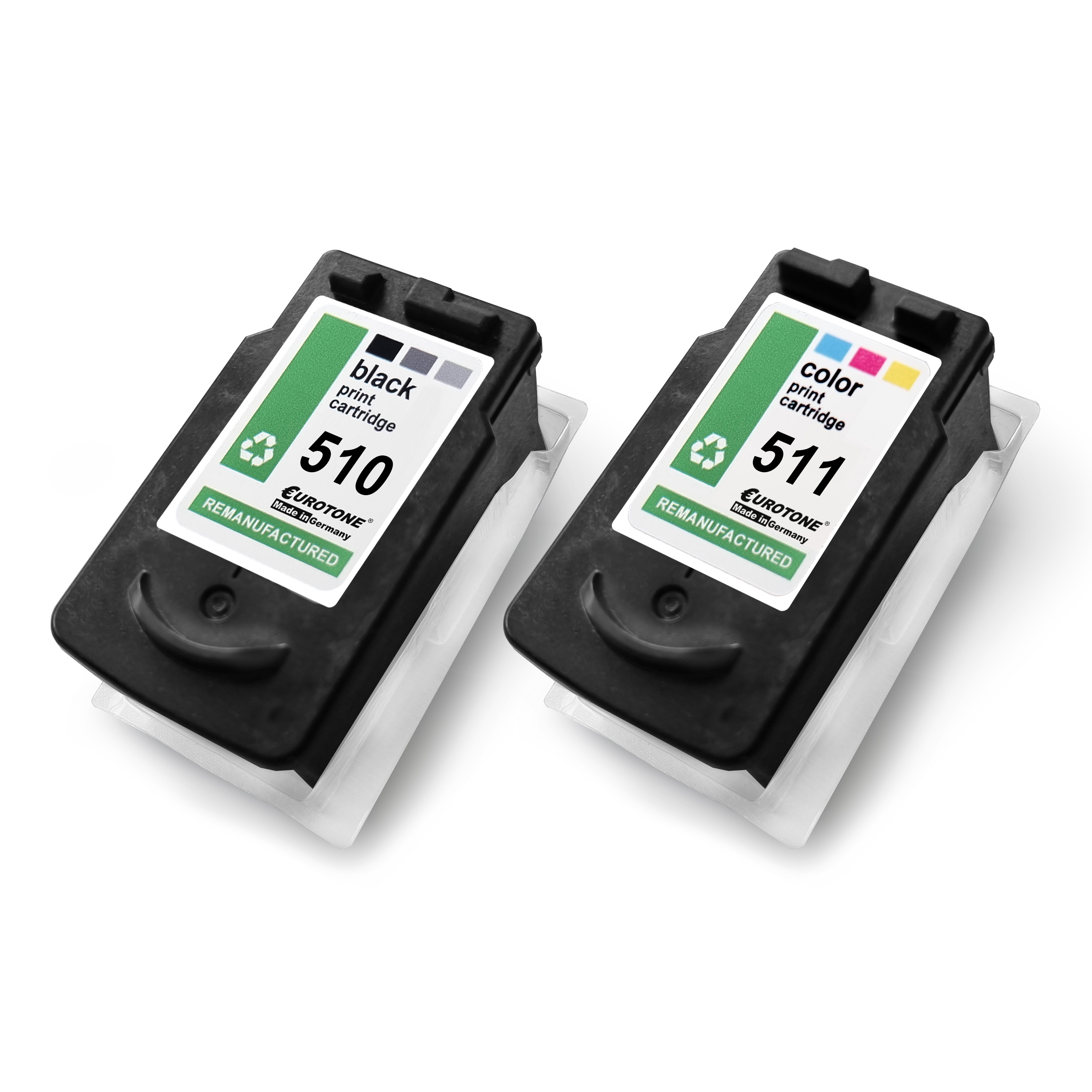 Zwei Tintenpatronen. Eine schwarz, beschriftet mit 510. Die andere Farbe, beschriftet mit 511. Beide haben grüne Recycling-Symbole.