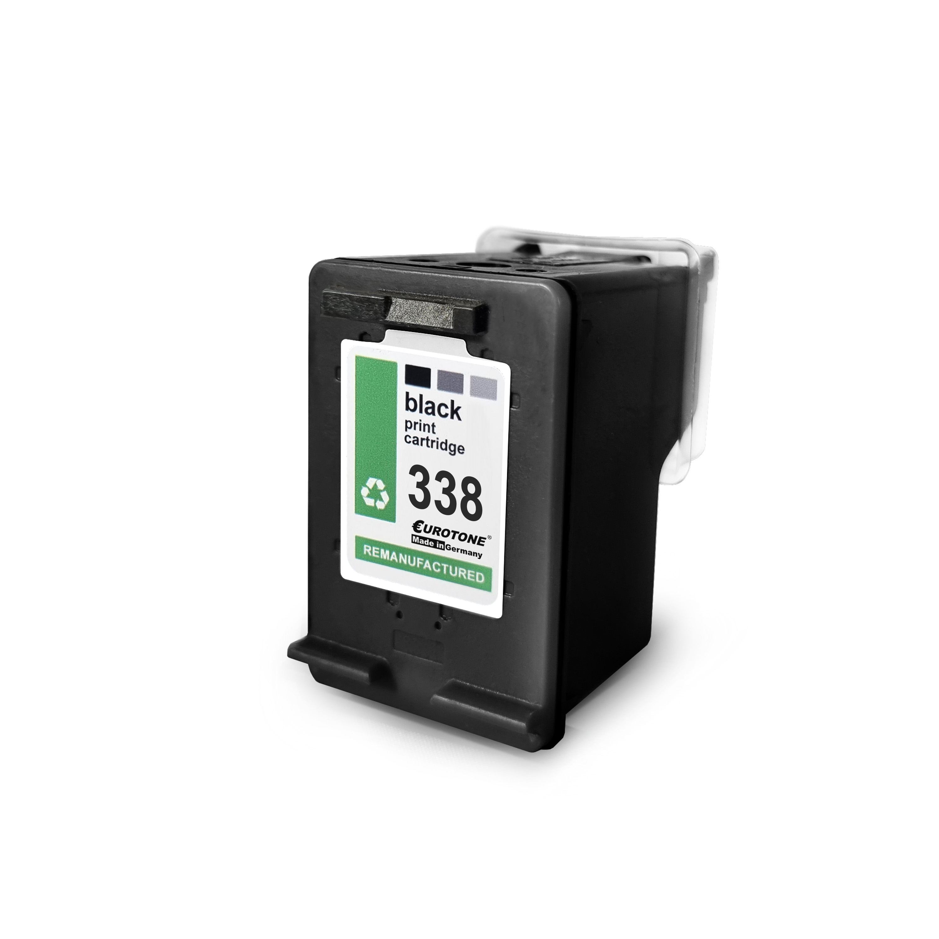 Schwarze Tintenpatrone mit der Aufschrift '338' und 'Remanufactured'. Sie befindet sich auf weißem Hintergrund.