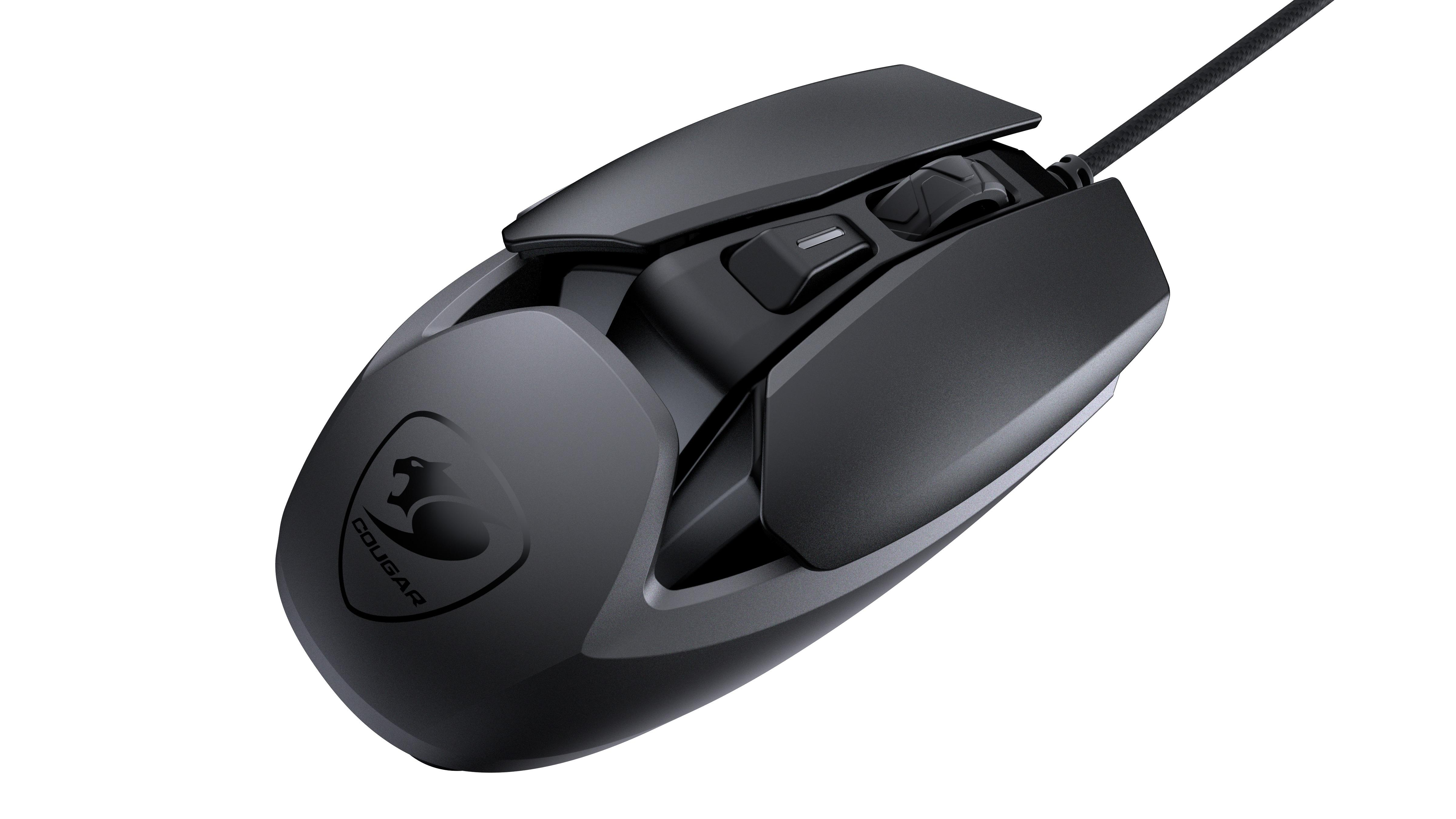 Eine schwarze Gaming-Maus mit Logo. Sie hat Tasten an der Seite und oben.