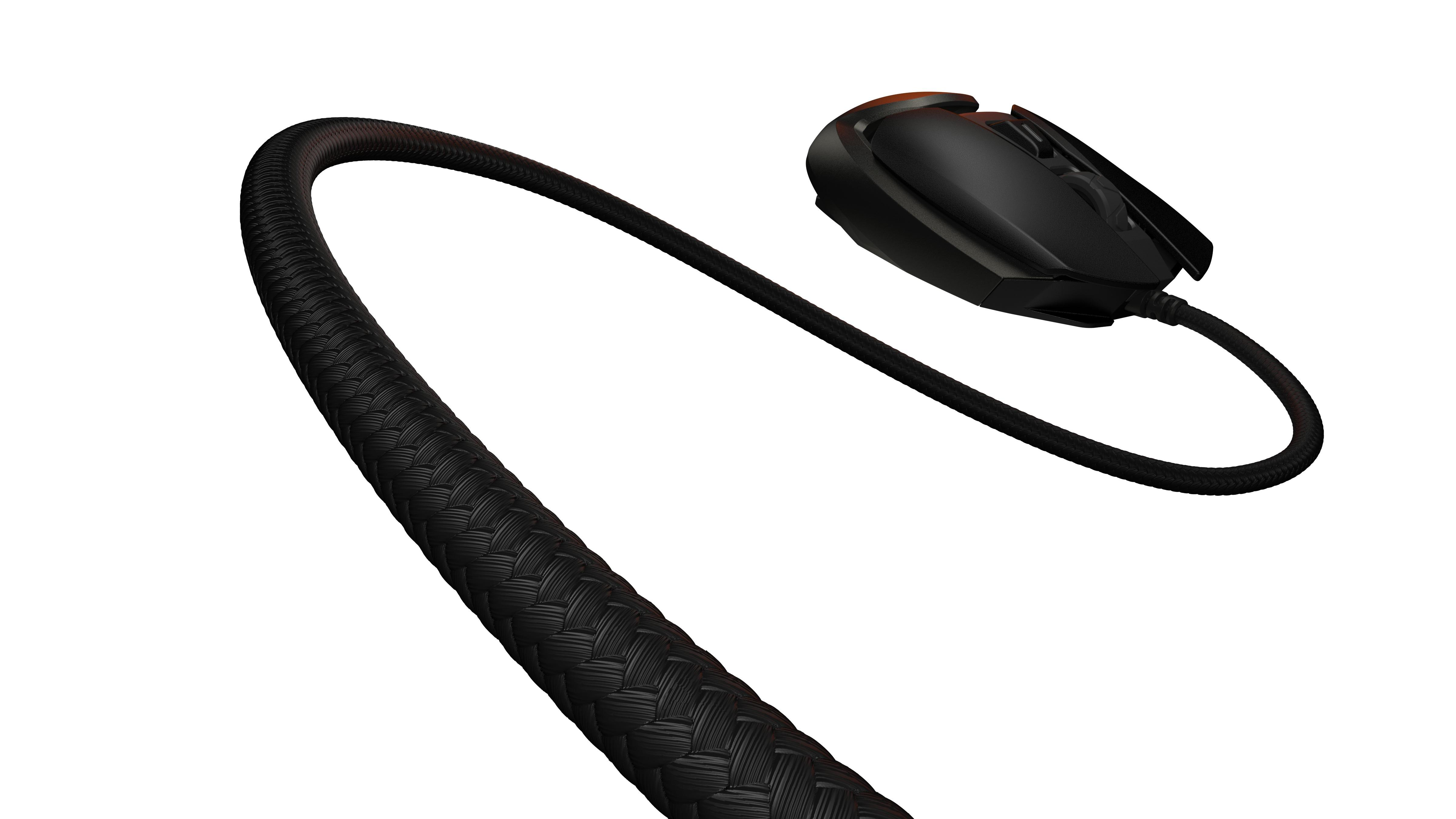 Ein schwarzes, geflochtenes Mauskabel führt zu einer schwarzen Maus. Es ist auf weißem Grund.