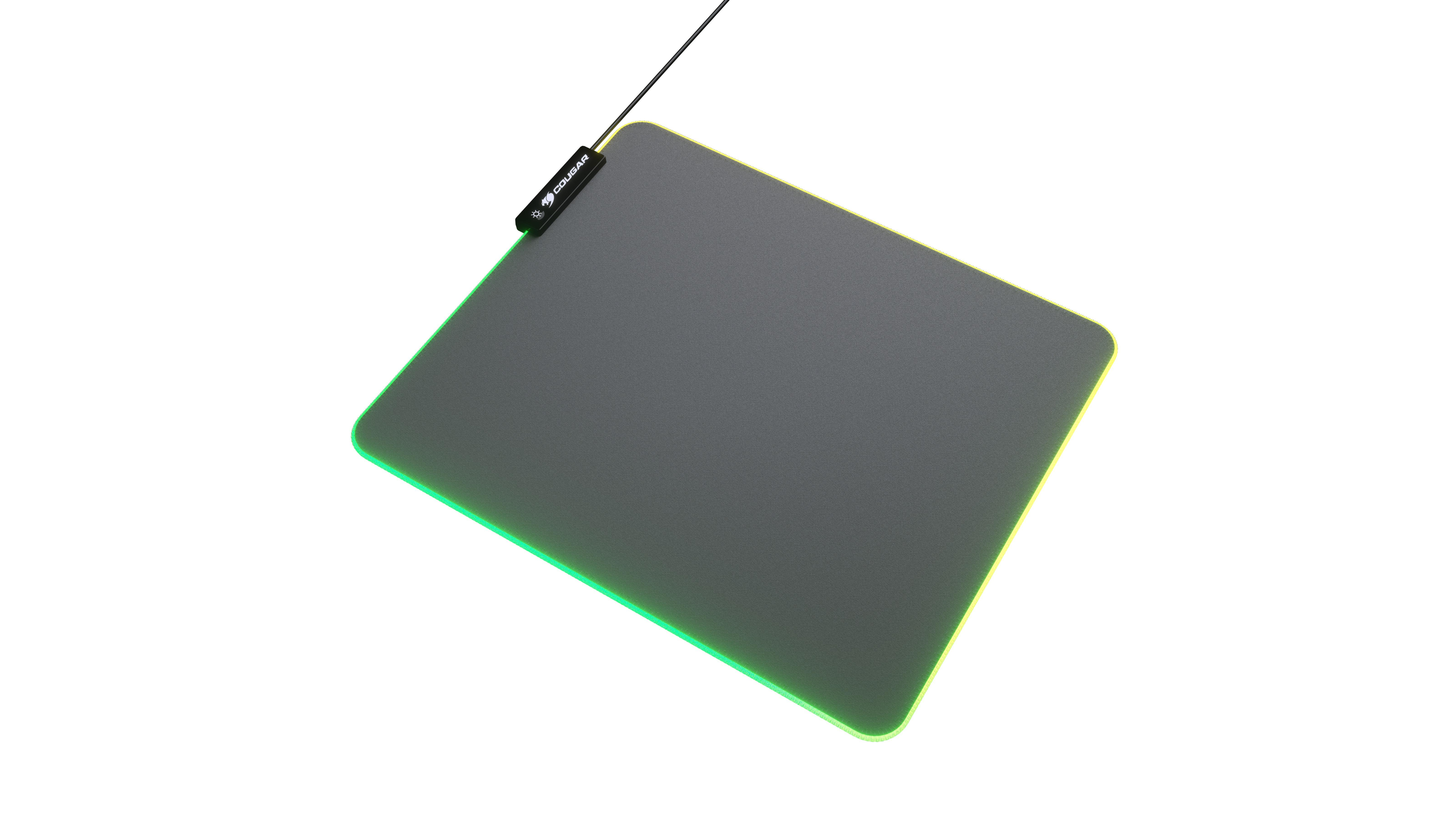 Szara podkładka pod mysz z kolorową obwódką i nazwą marki po lewej stronie.