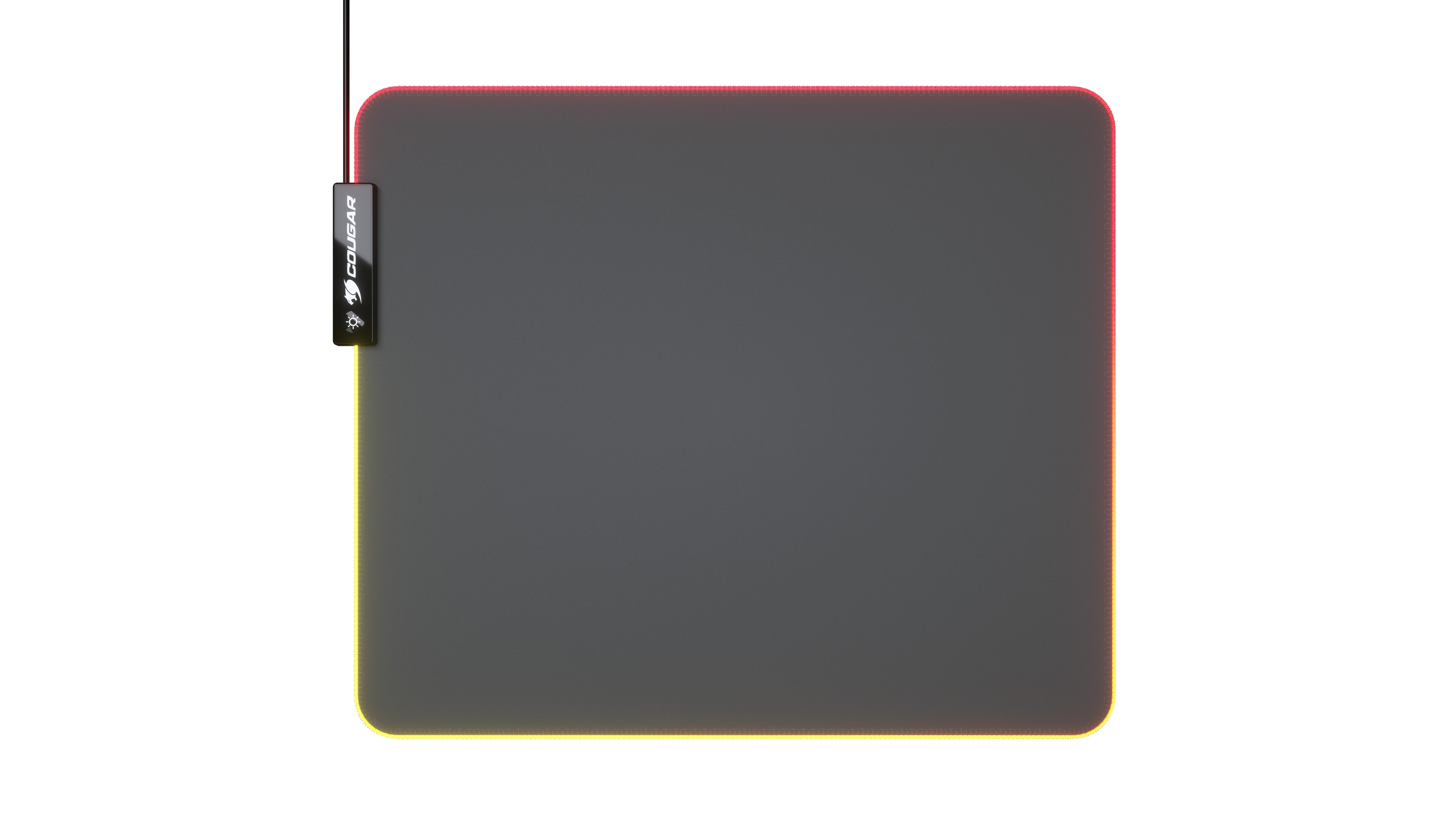 Prostokątna podkładka pod mysz z świecącą obwódką RGB. Logo znajduje się po lewej stronie.