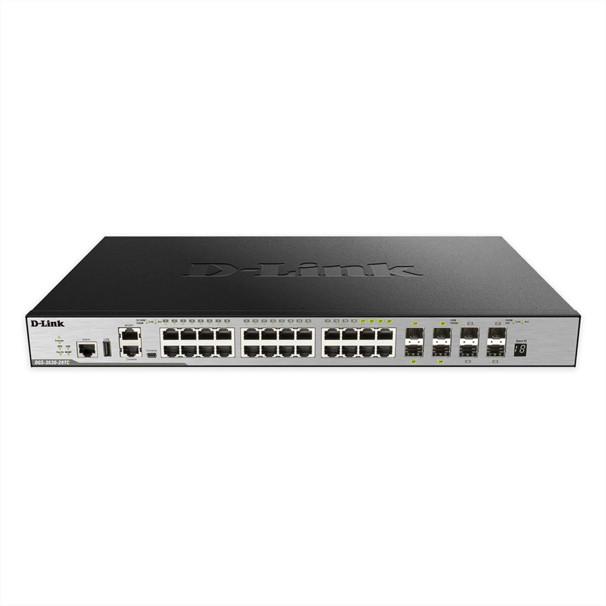 Schwarzer D-Link Netzwerk-Switch mit vielen Anschlüssen.