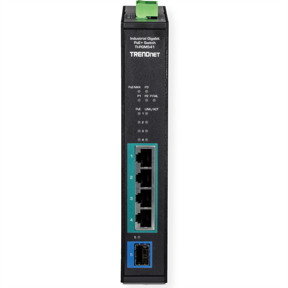 Switch Gigabit PoE industriel de TRENDnet. Noir avec ports et voyants lumineux. Fond blanc.
