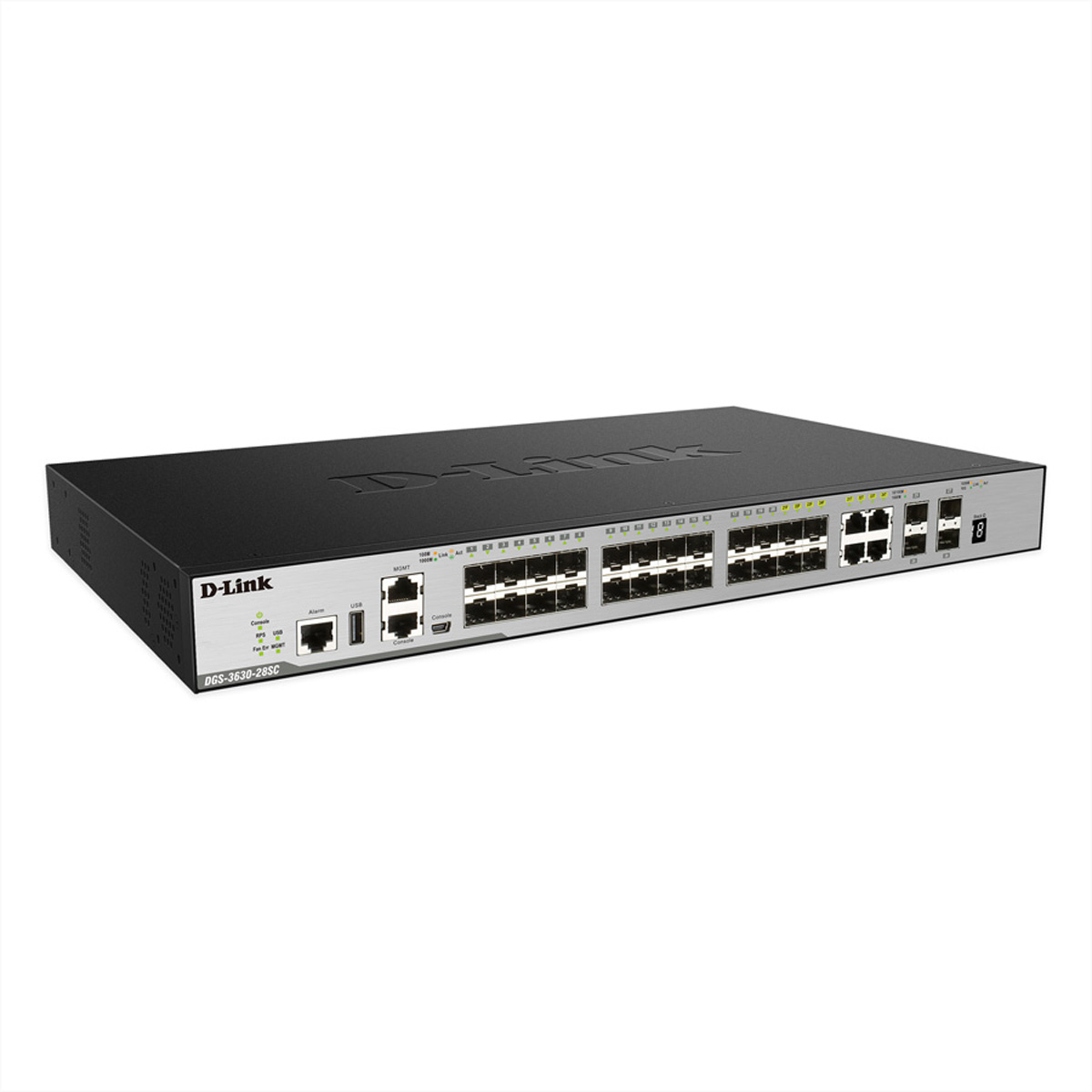 Uno switch di rete D-Link. È nero e grigio con molte porte.