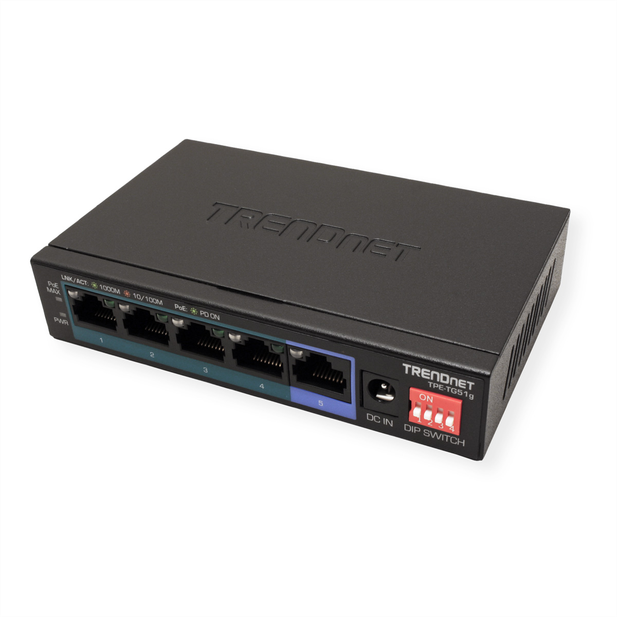 Schwarzer TRENDnet-Netzwerk-Switch mit Anschlüssen und einem DIP-Schalter. Das Wort TRENDnet steht oben.
