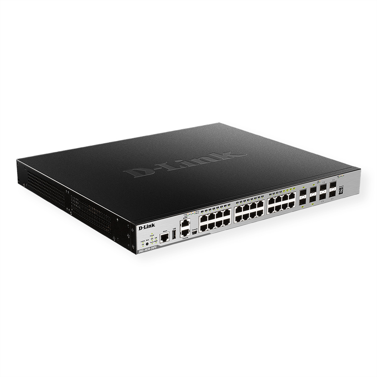 Schwarzer D-Link Netzwerk-Switch, mit Anschlüssen und Anzeigen, auf weißem Hintergrund.