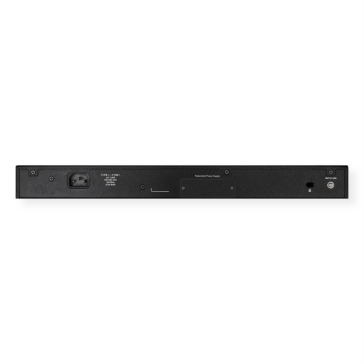 Schwarzer Netzwerk-Switch, Rückansicht. Ports und Anschlüsse sichtbar. Isoliert auf weißem Hintergrund. Modernes Design.