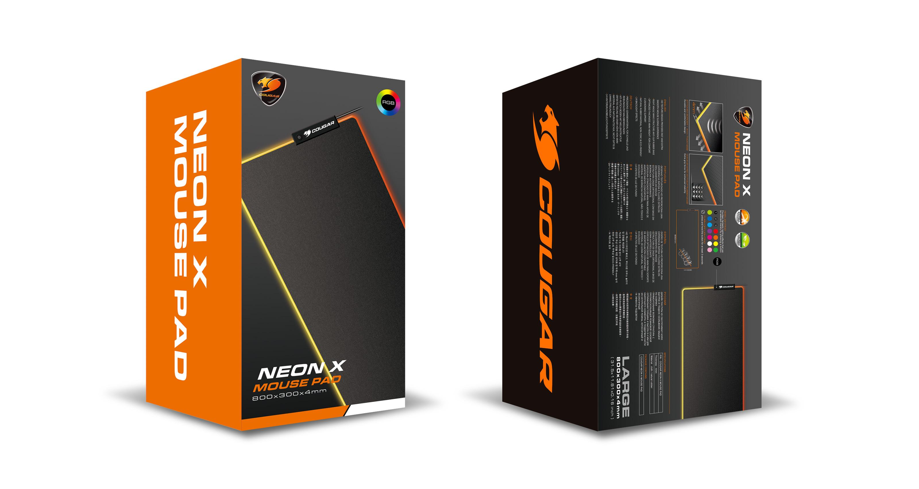 Pudełko z podkładką pod mysz, pomarańczowe i czarne. Tekst: Neon X Mouse Pad. Logo Cougar na górze.