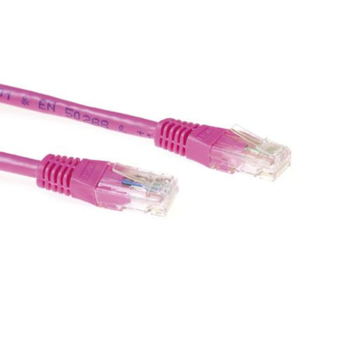 Cavo di rete rosa, connettori RJ45 su entrambe le estremità. Vista ravvicinata, sfondo bianco.
