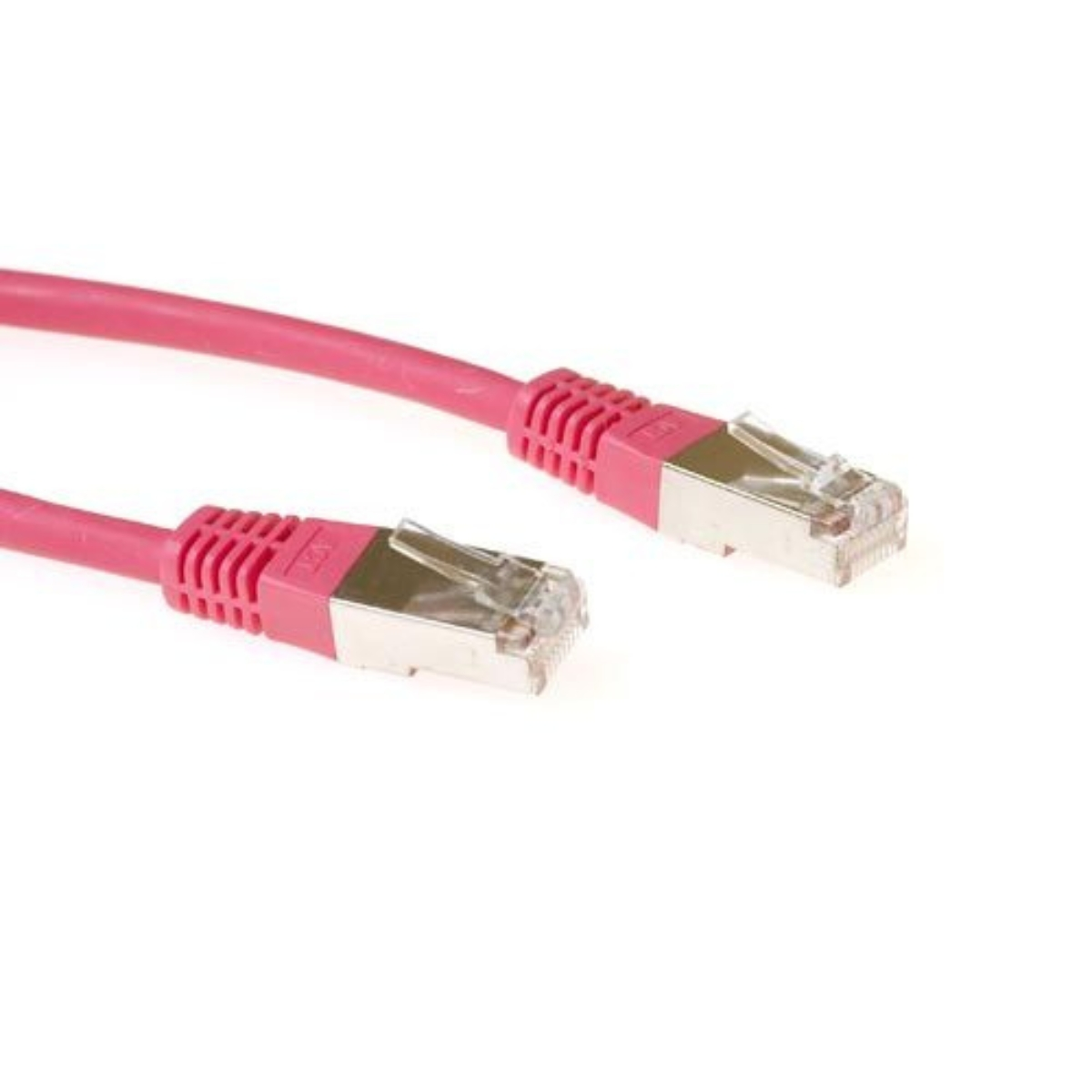 Pink network cable with connectors on each end, white background.