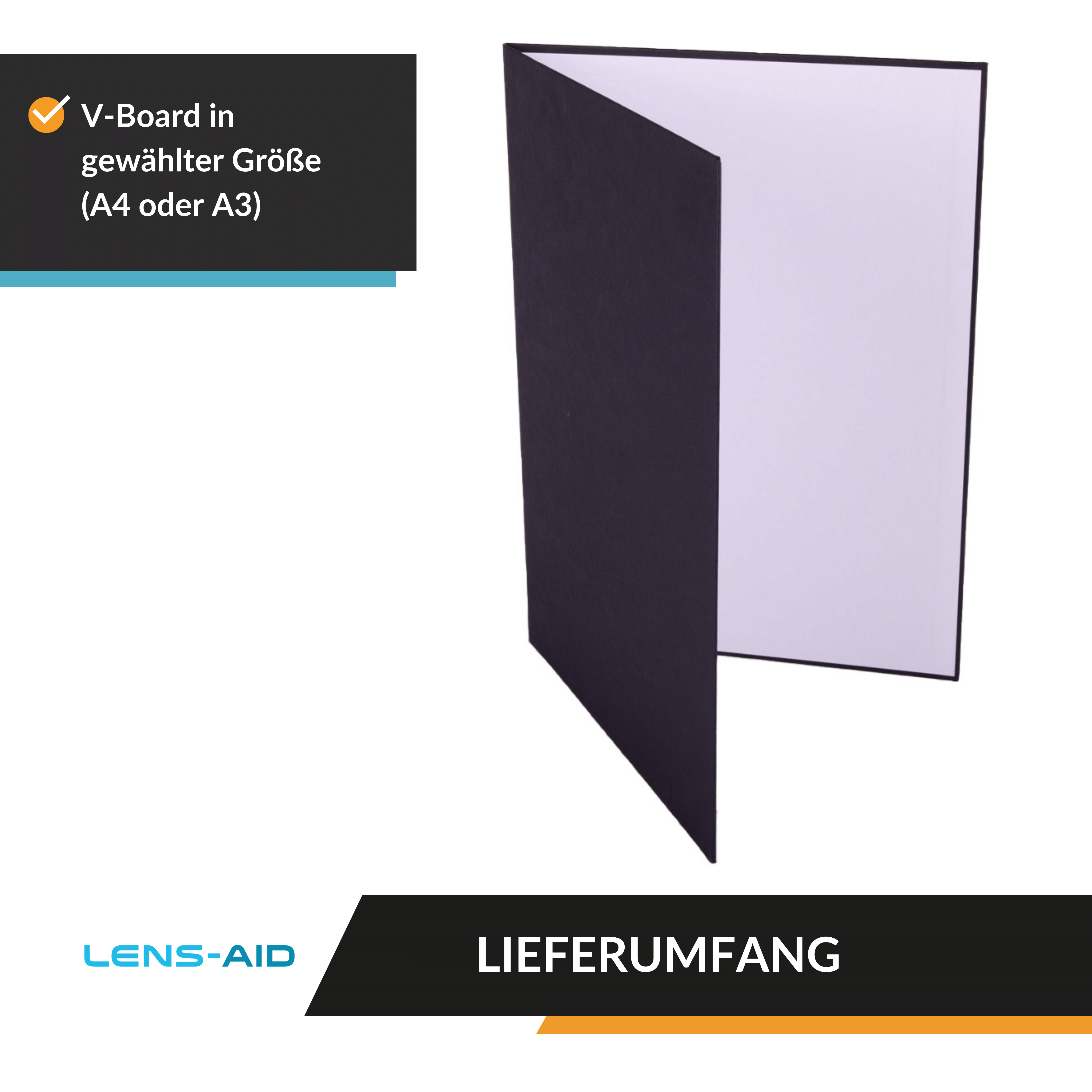 Schwarz-weißes V-Board auf weißem Hintergrund mit dem Text 'LIEFERUMFANG' und einem Pfeil.