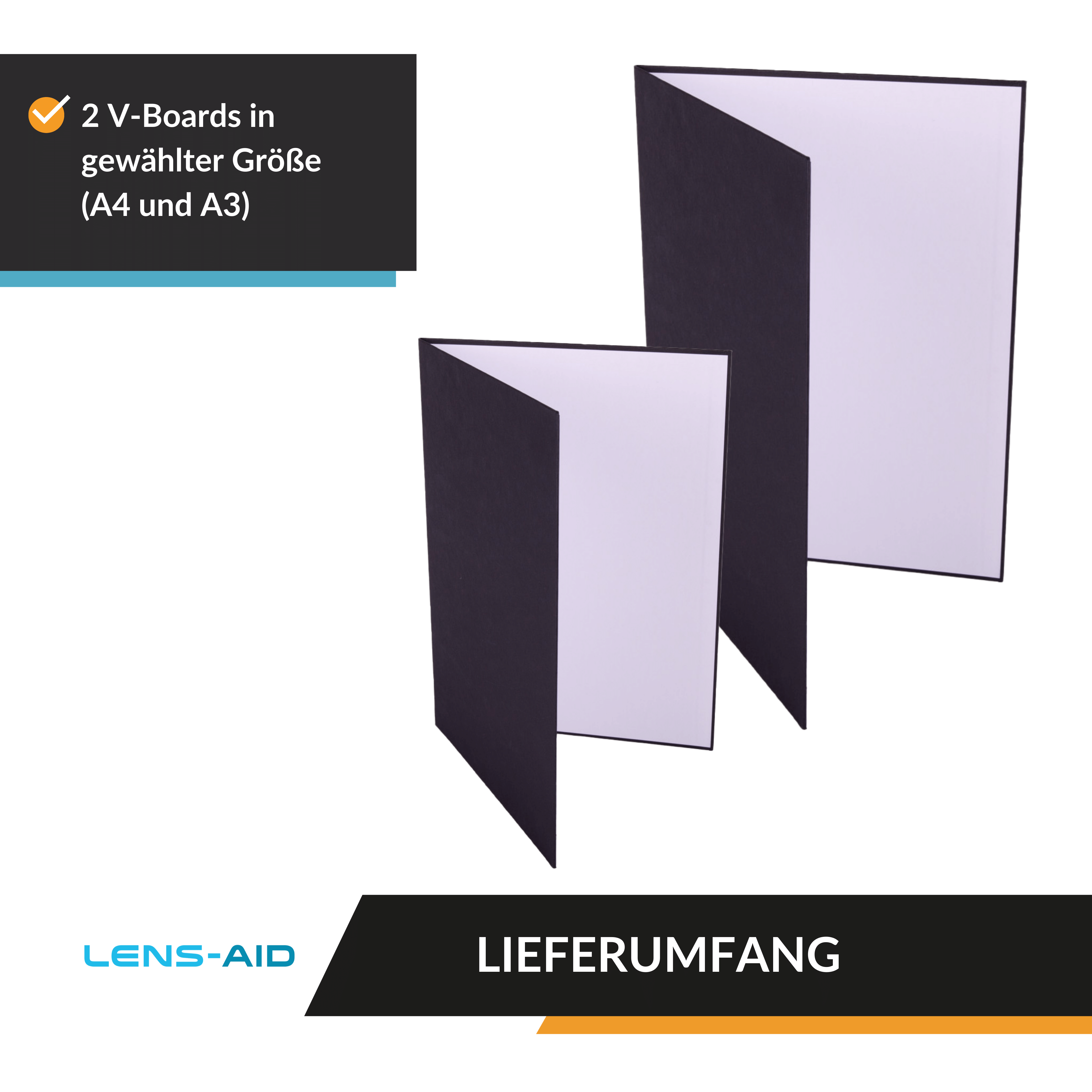 Zwei schwarze V-Boards in A4- und A3-Größe, die Verpackung und den Inhalt von Lens-Aid zeigen.