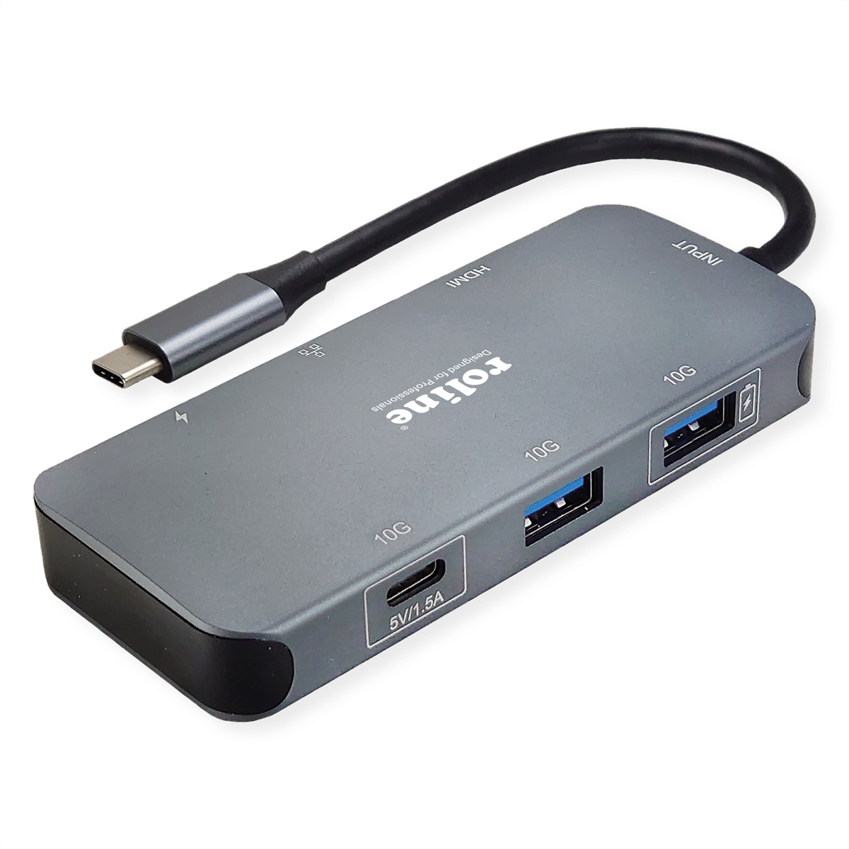 Hub USB-C grigio con più porte: HDMI, USB e altro. Il testo dice 'roline'.