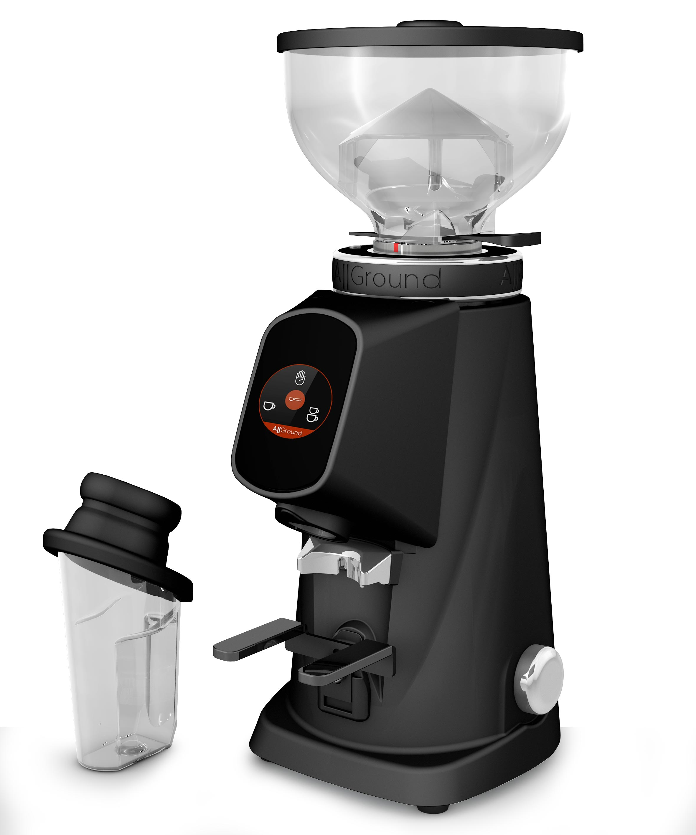 Schwarze Kaffeemühle mit Bohnenbehälter, klar. Weißer Hintergrund.