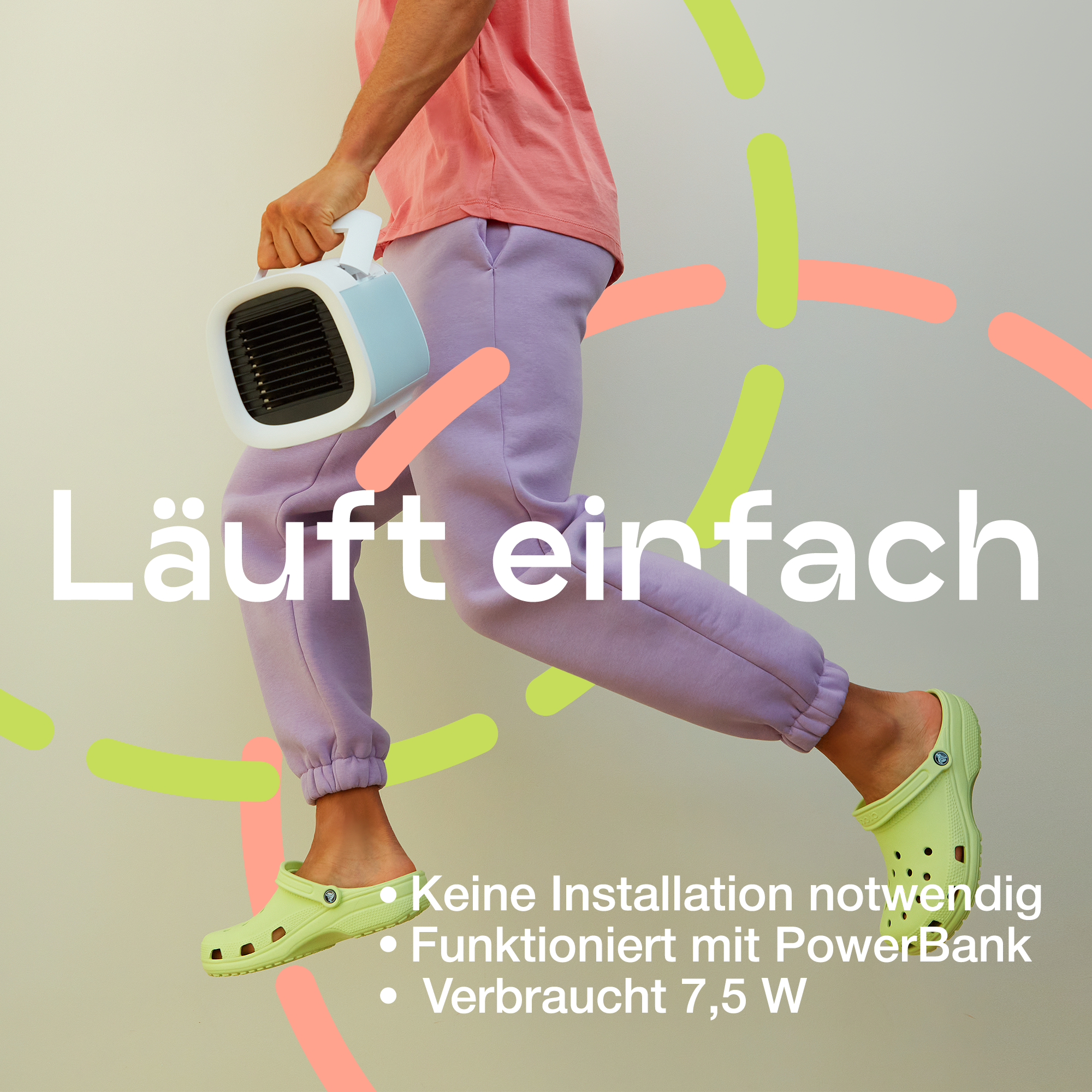 Person springt mit kleinem Heizgerät. Text: 'Läuft einfach' und Merkmale.