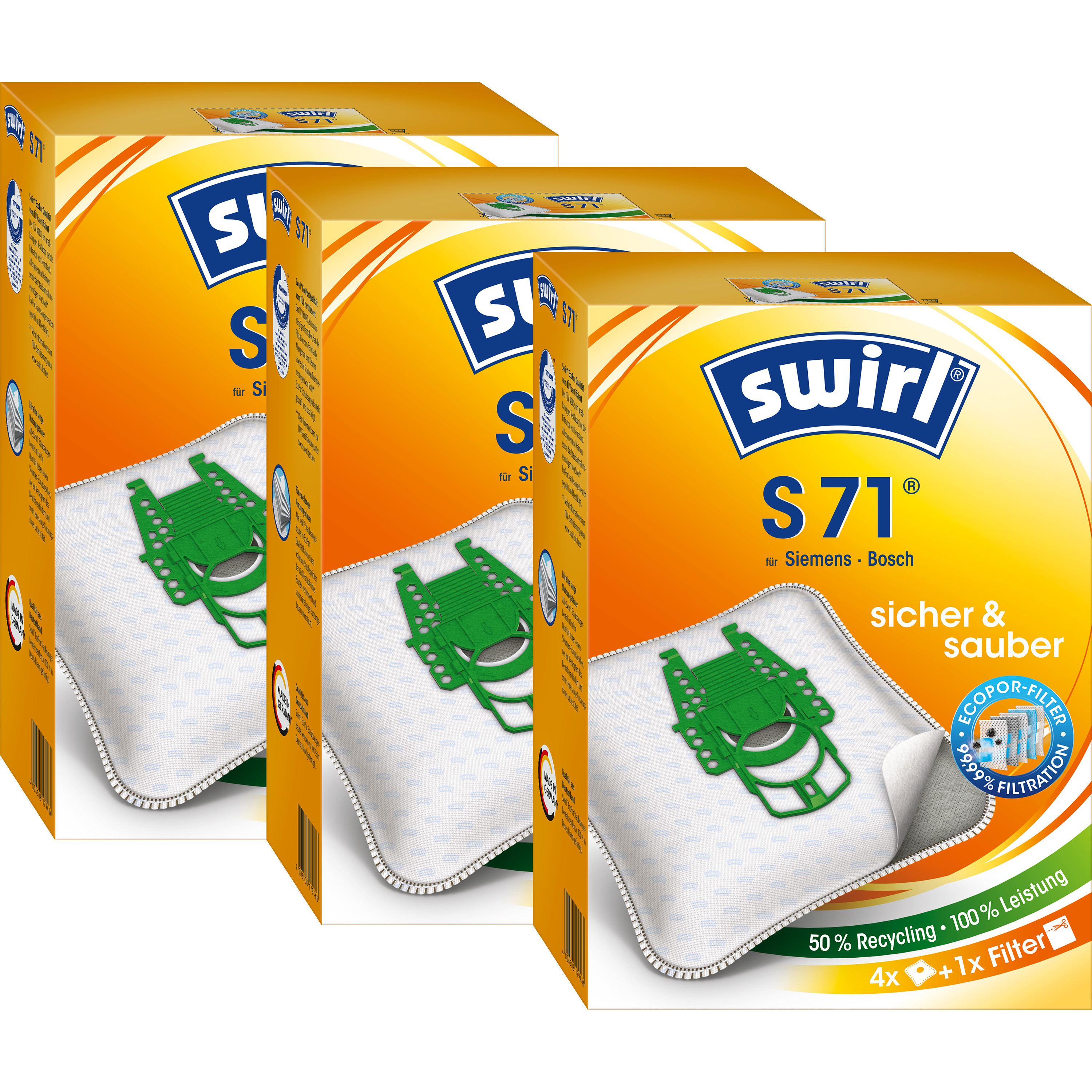 Drei Staubsaugerbeutel in Kartons. Kartons zeigen Produktdetails. Orange und weiße Farben.