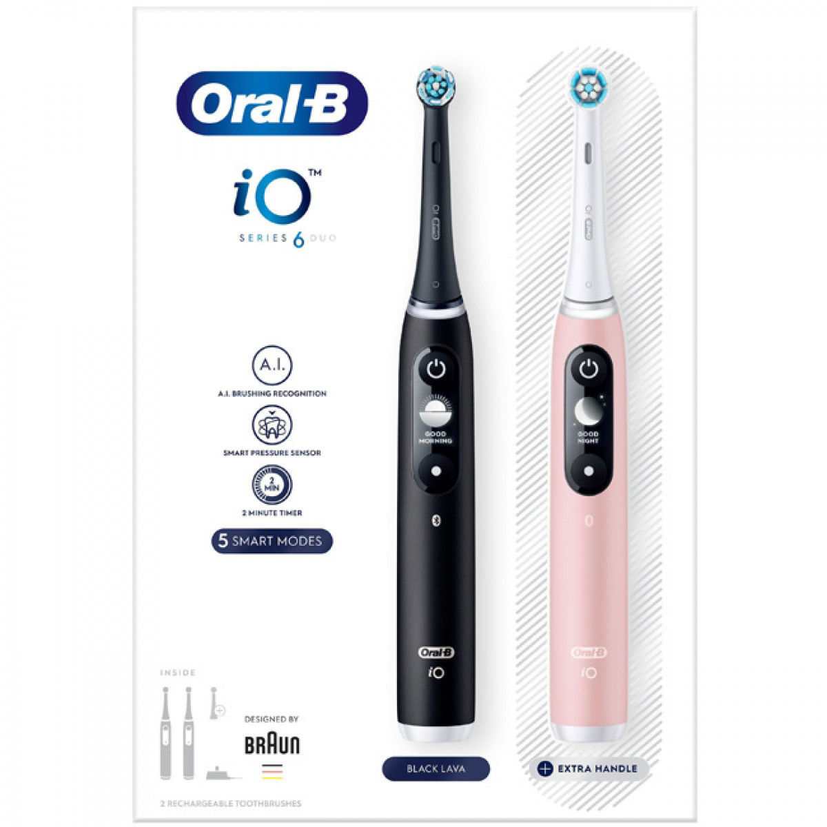 Zwei elektrische Zahnbürsten, schwarz und rosa. Sie stehen auf weißem Hintergrund mit Produktbeschreibung.
