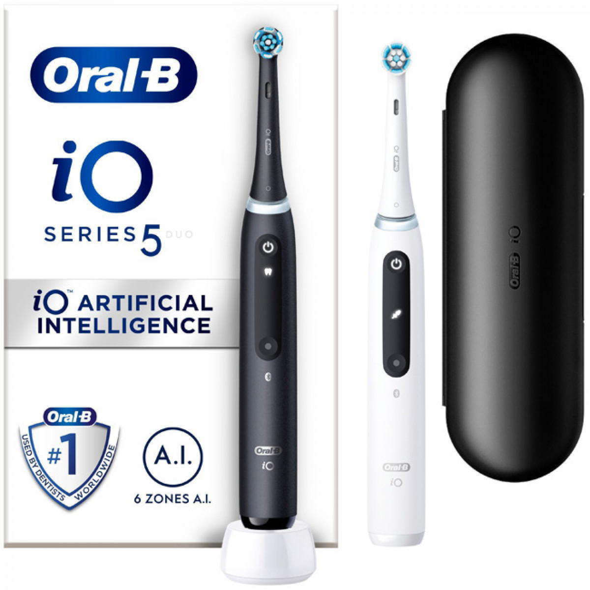 Ein Oral-B elektrisches Zahnbürstenset mit zwei Zahnbürsten, einer Ladestation und einem Etui.