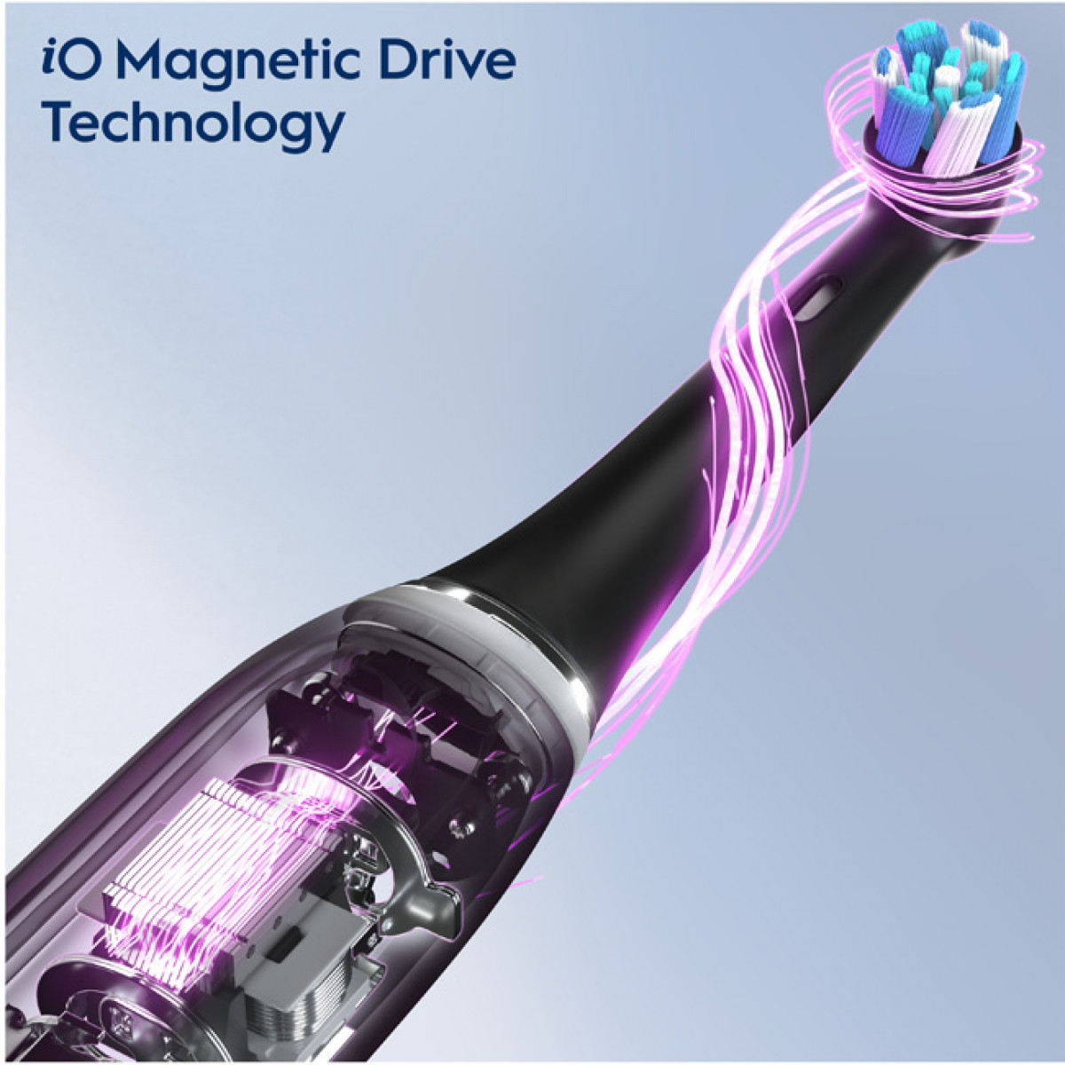 Primo piano della testina di uno spazzolino elettrico con tecnologia a trasmissione magnetica.