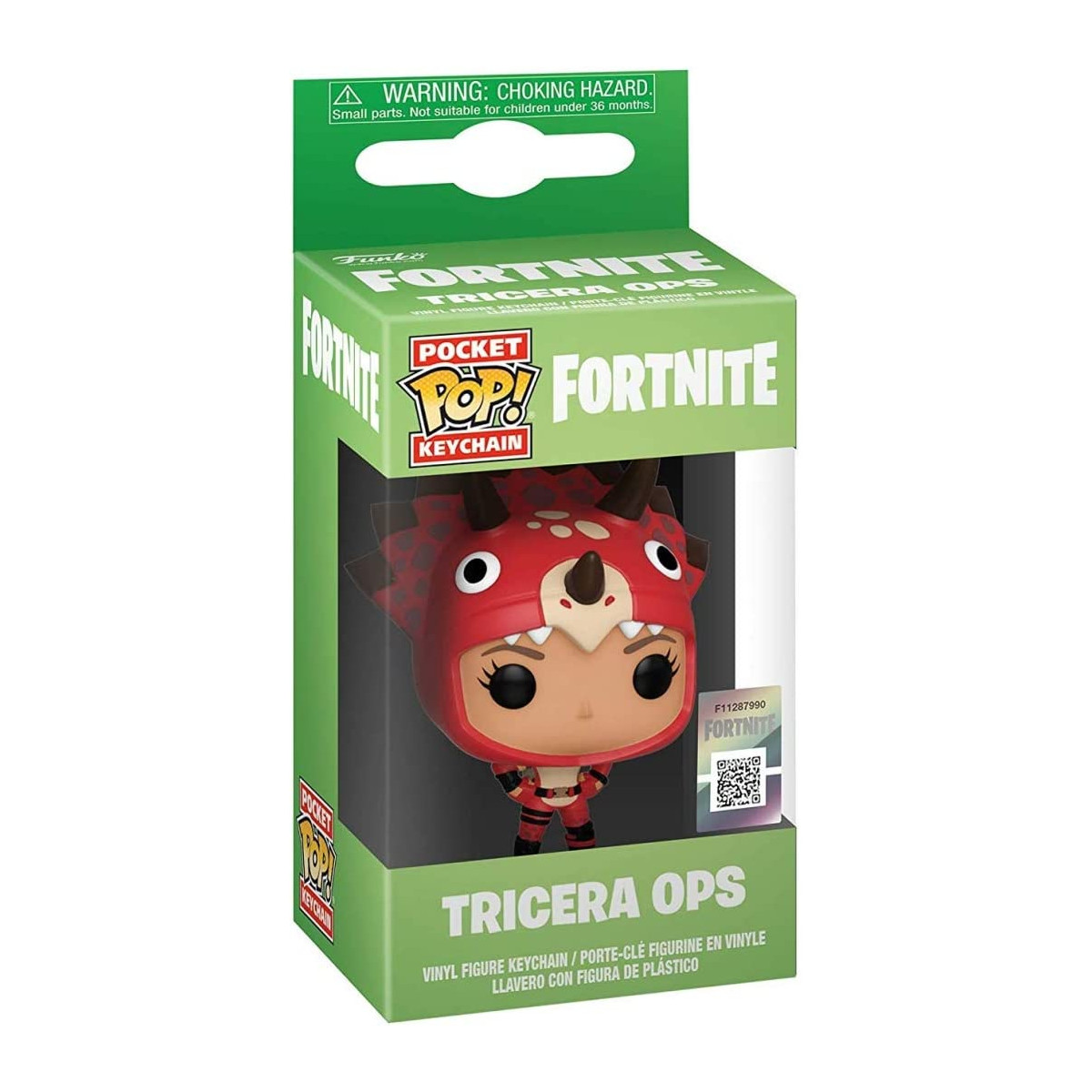 Fortnite Tricera Ops Pop Figur in Verpackung. Ein roter Charakter im Dinosaurier-Thema.