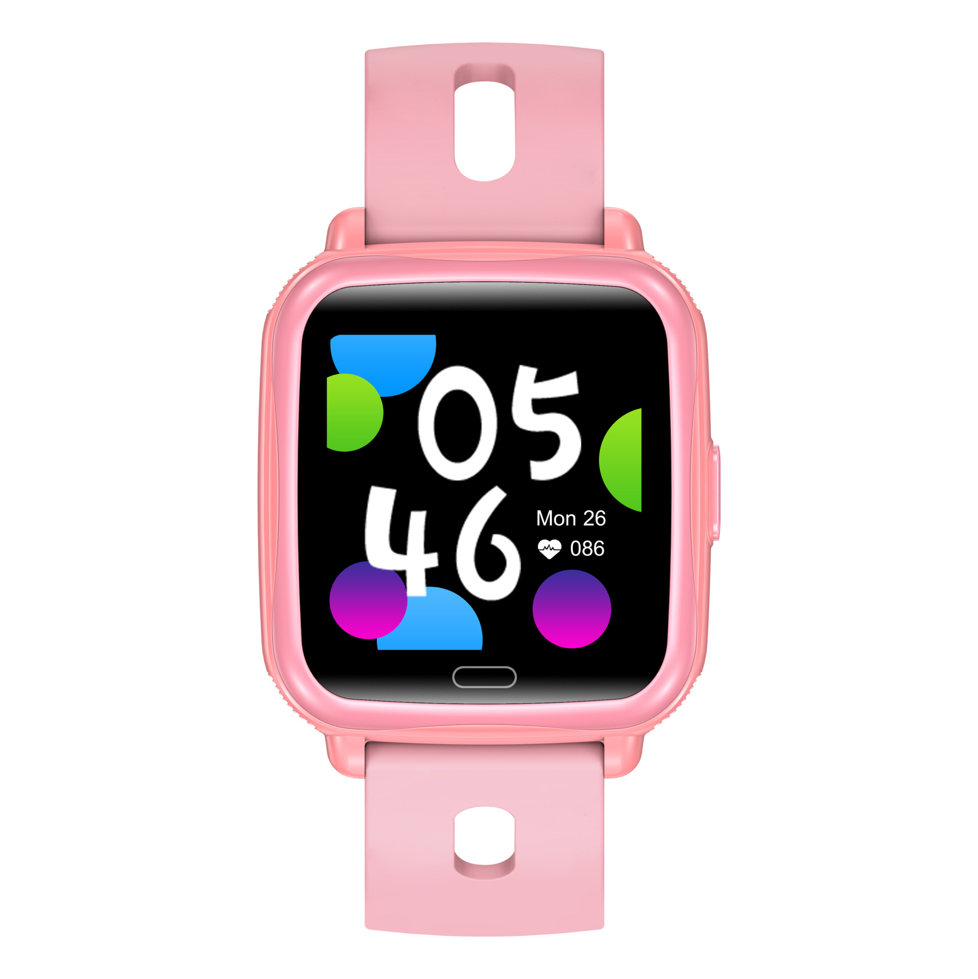 Eine rosa Smartwatch mit rosa Armband. Der Bildschirm zeigt die Uhrzeit: 05:46 und das Datum, Montag, 26.