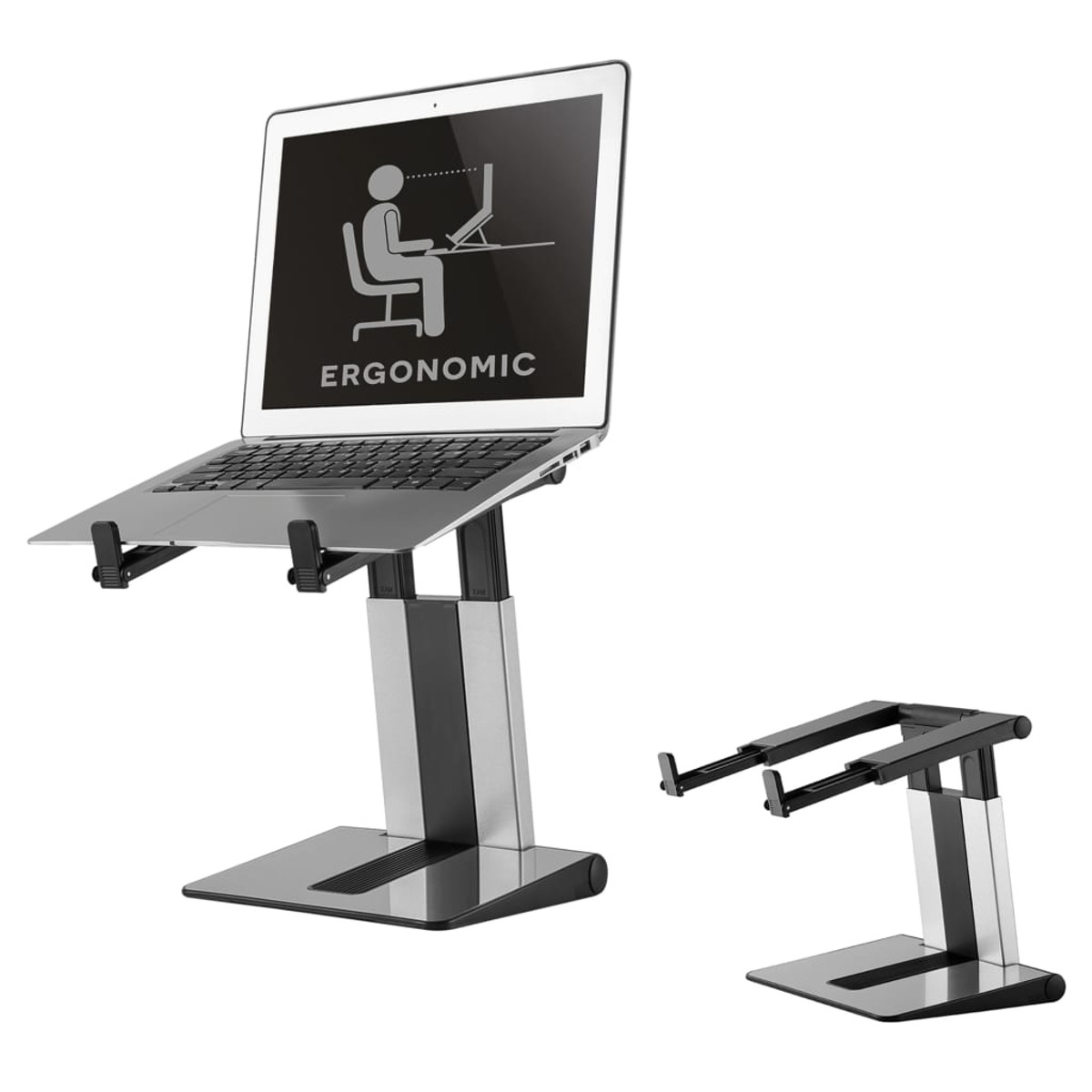 Laptop on a stand with an ergonomic label. Another stand is to the right.