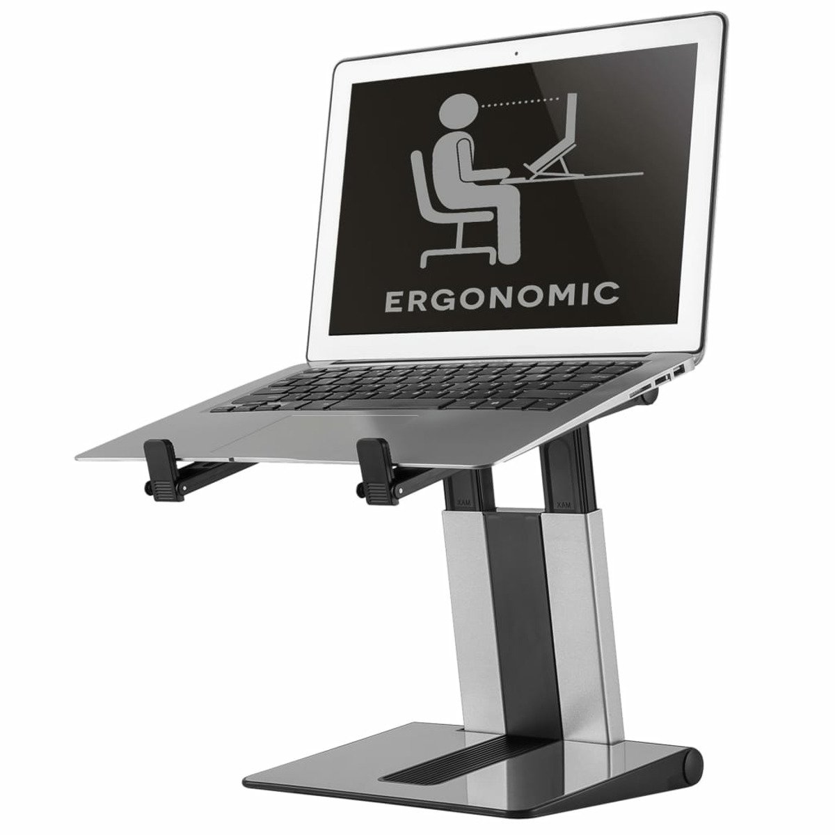 Laptop on an ergonomic stand. The screen shows a person sitting. The word 'ERGONOMIC' is below.