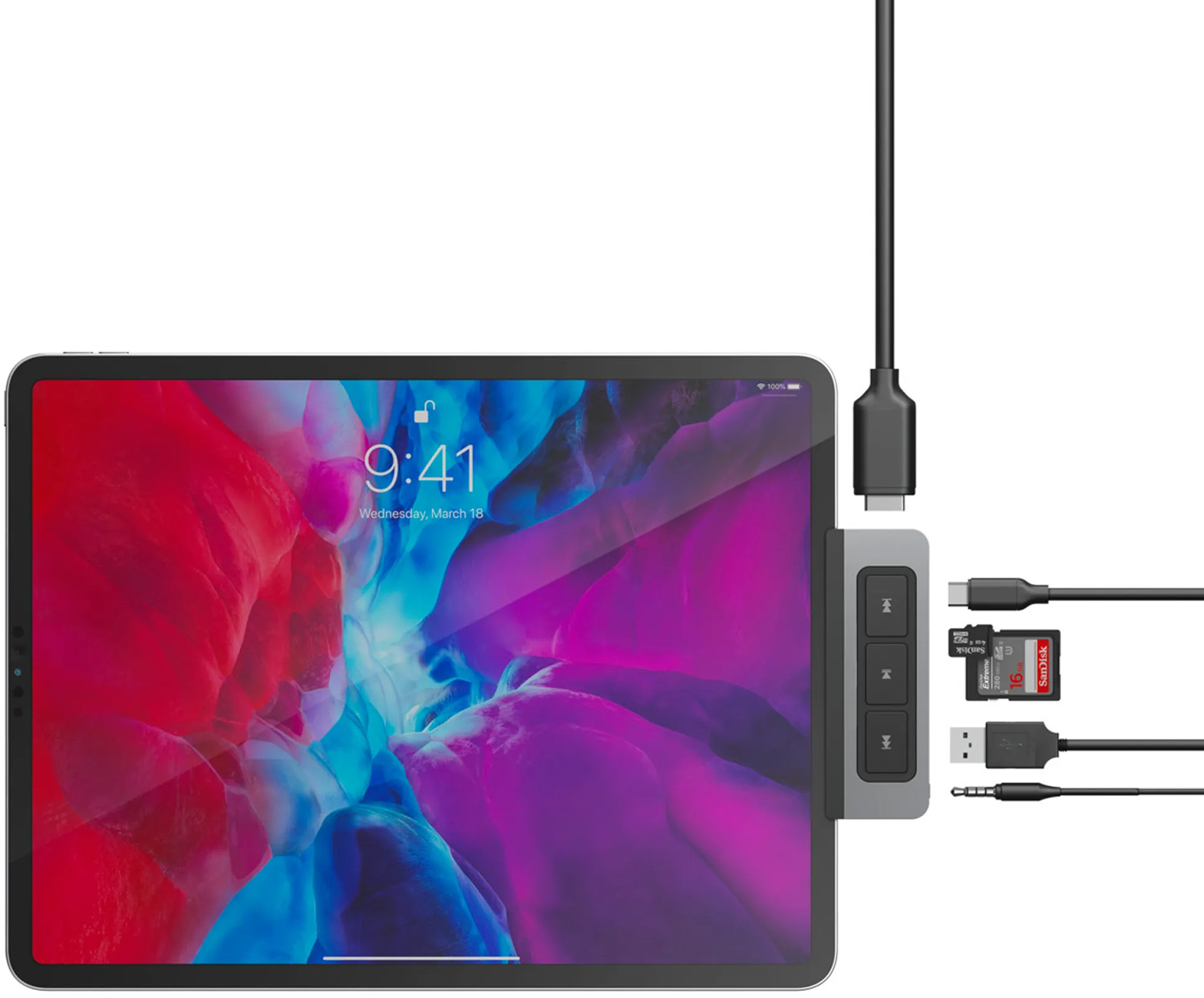 Tableta con un concentrador y dispositivos conectados. Incluye tarjeta SD, USB y cable de carga.