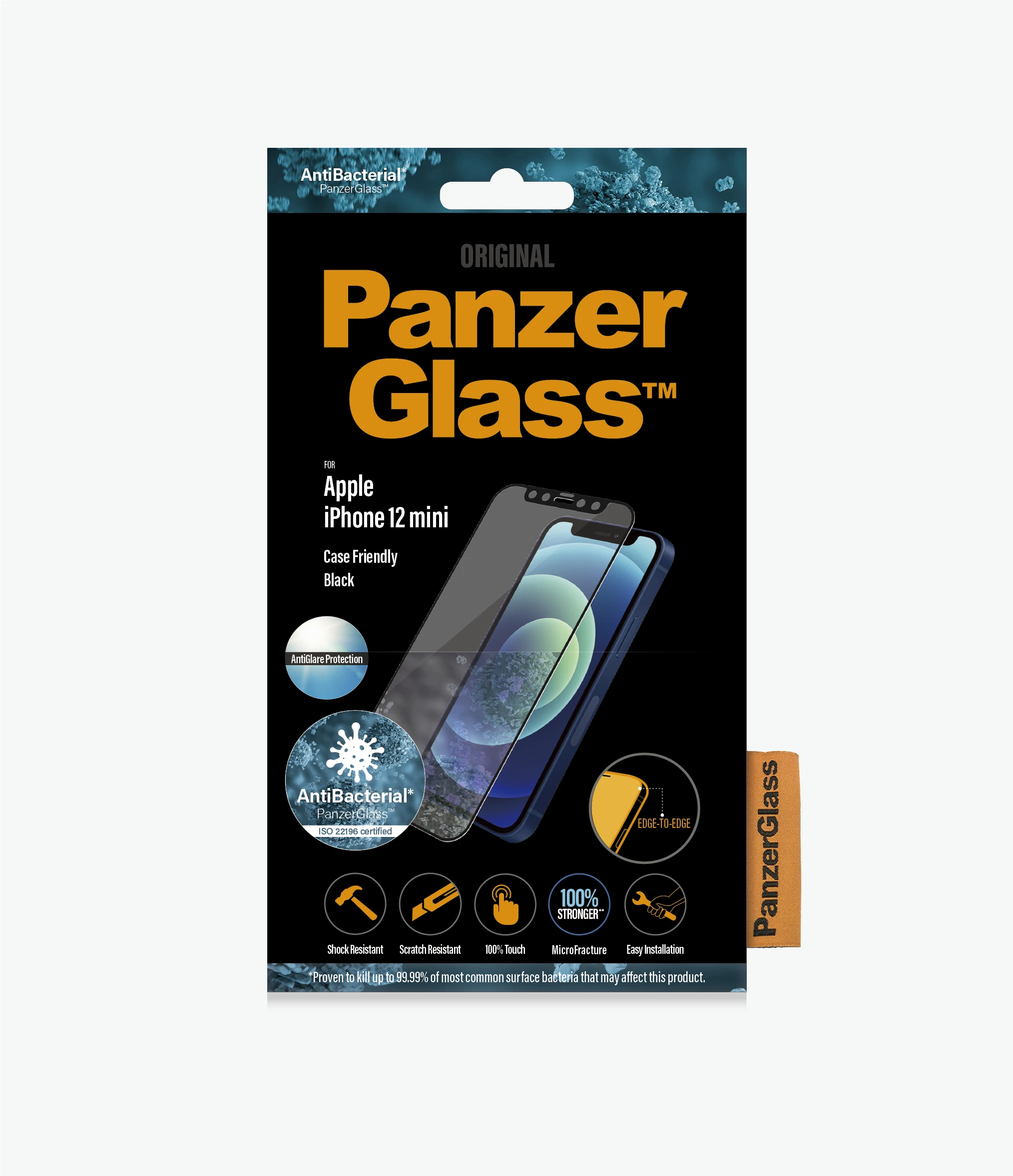 Scatola del proteggi schermo PanzerGlass. Scatola nera con immagine del telefono, testo e icone.